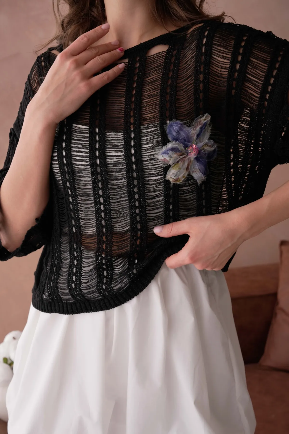 Kadın Geniş yaka Ajurlu Triko Bluz 8287Sw