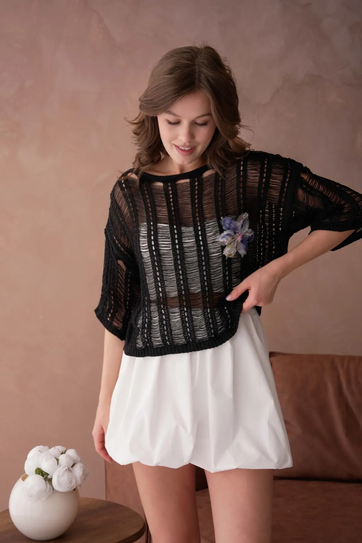 Kadın Geniş yaka Ajurlu Triko Bluz 8287Sw