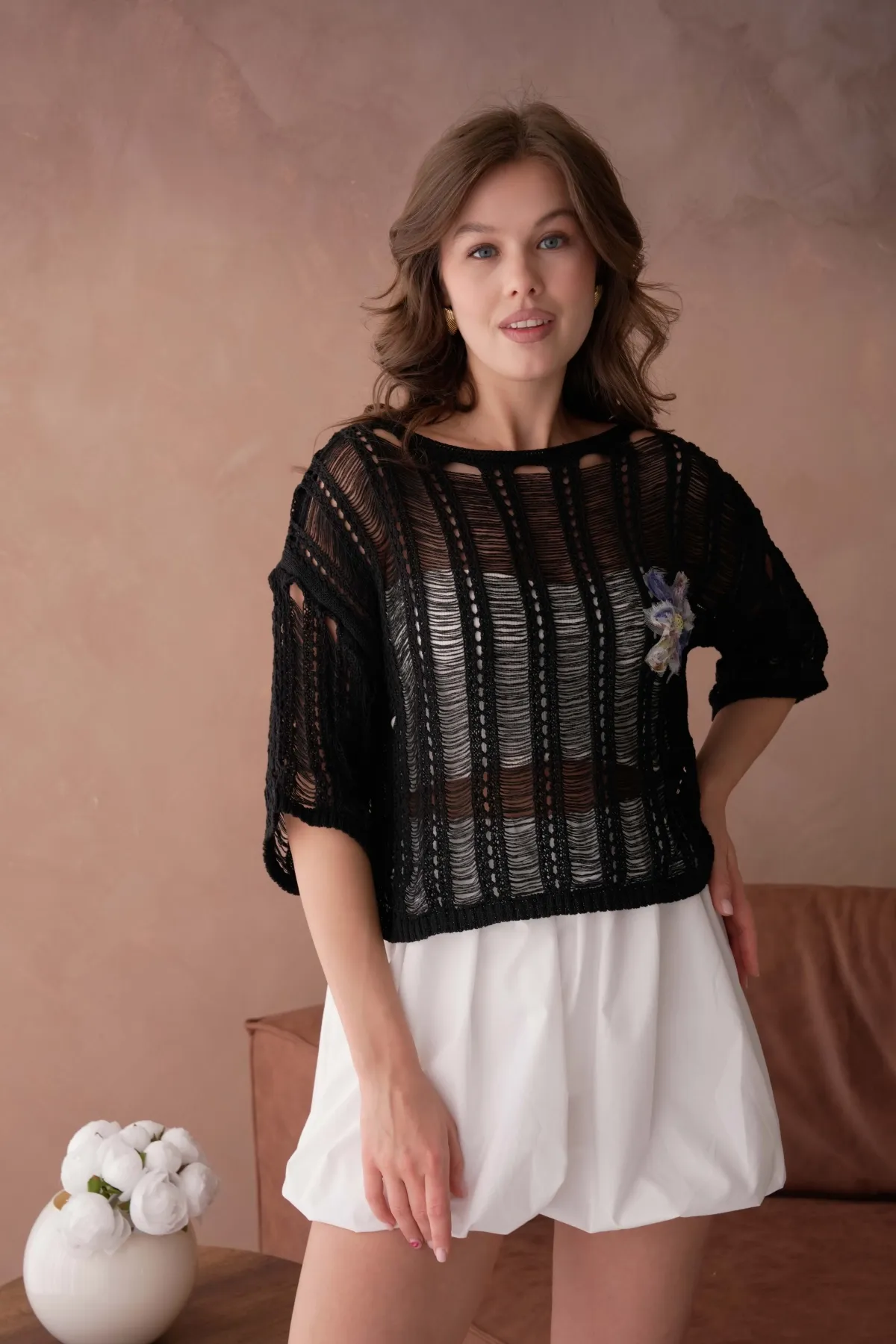 Kadın Geniş yaka Ajurlu Triko Bluz 8287Sw