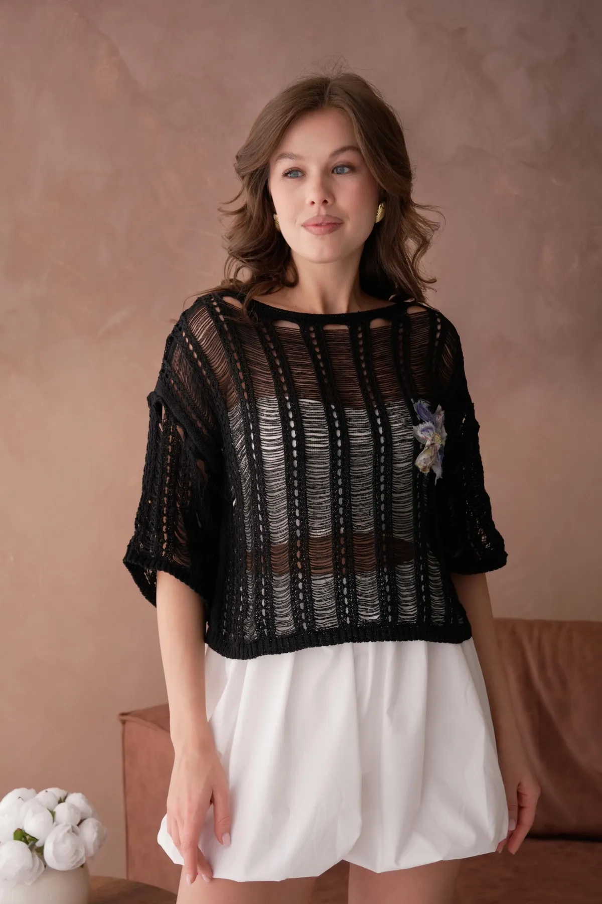 Kadın Geniş yaka Ajurlu Triko Bluz 8287Sw