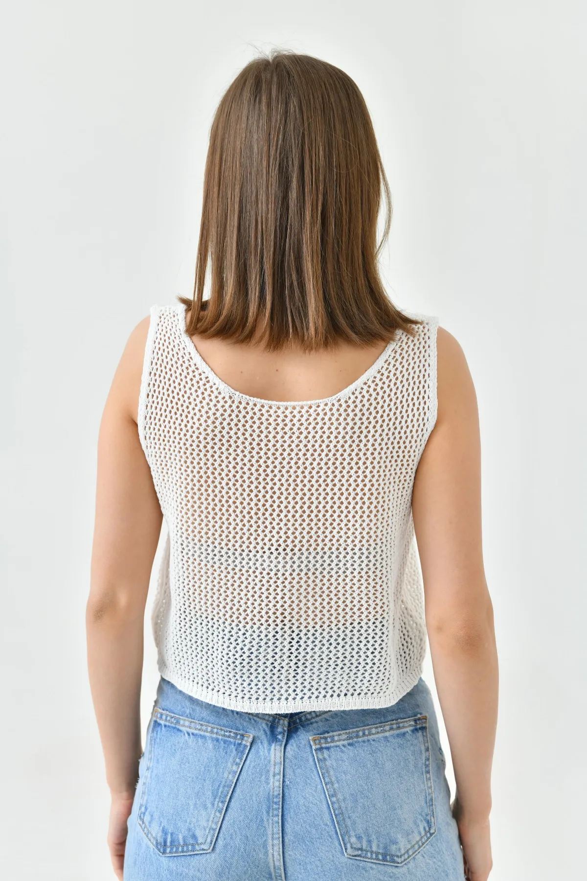 Kadın Asimetrik Yaka Örgü Detay Crop Triko Bluz 8290sw