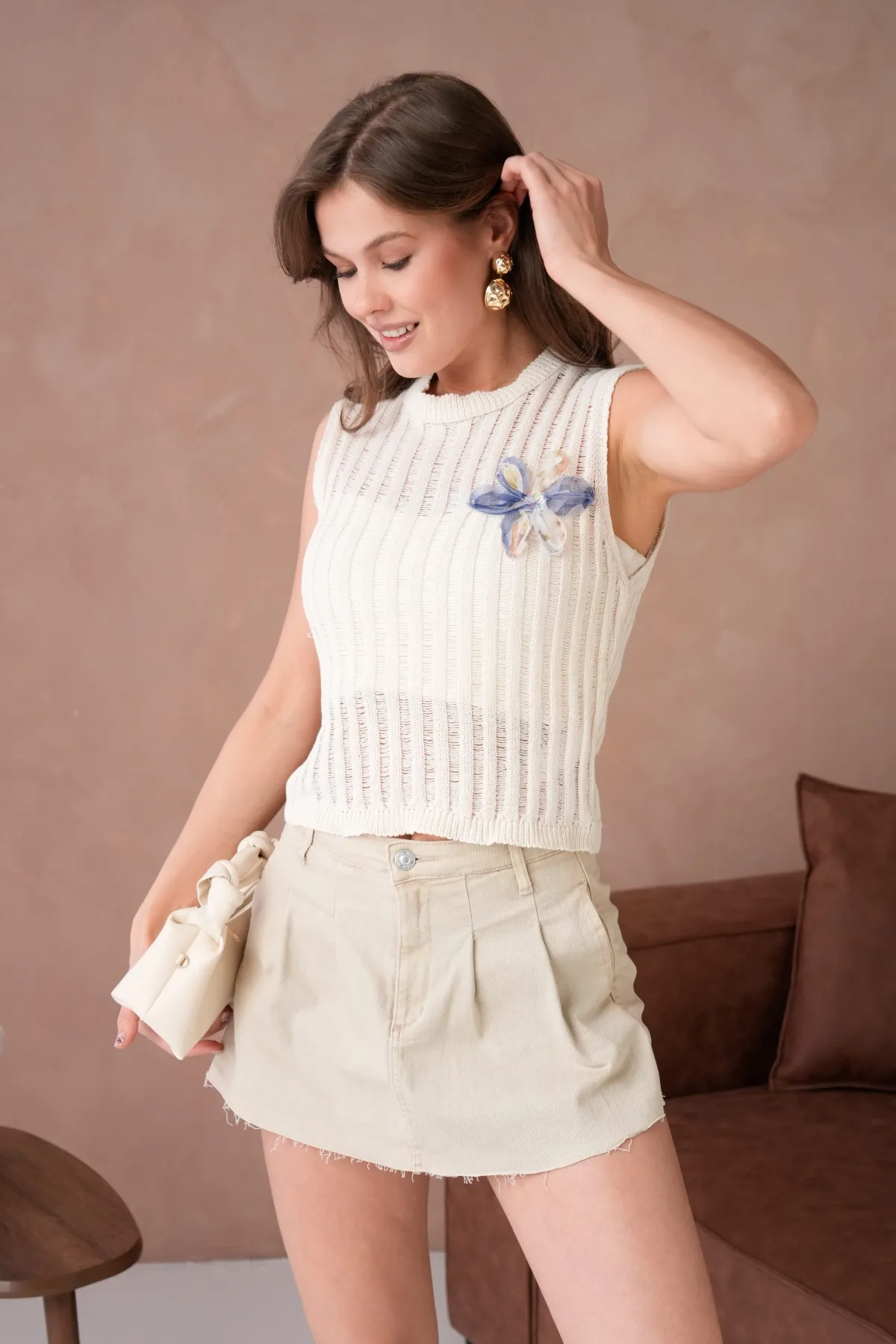 Kadın Bisiklet Yaka Crop Mevsimlik Triko Bluz 8502Sw