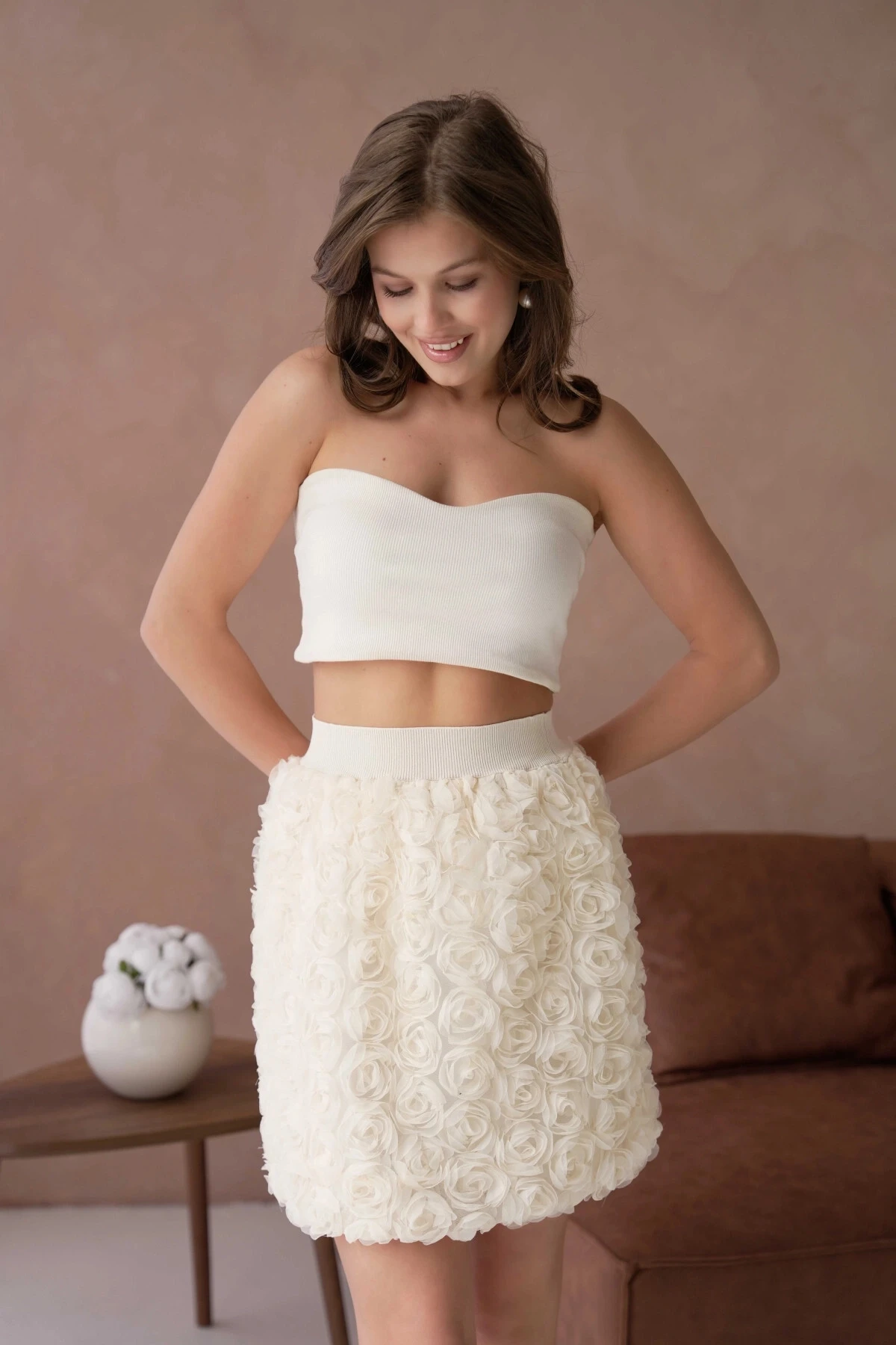 Gül Desenli Beli Lastikli Astarlı Tül Etek