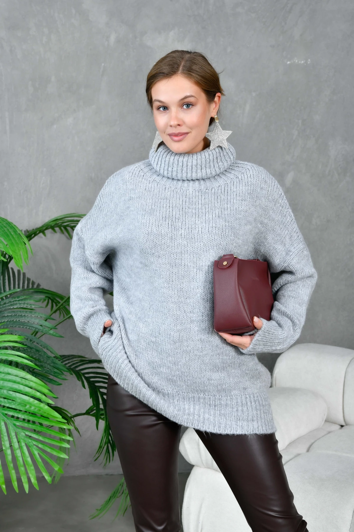 Kadın Balıkçı Yaka Kaşkorse Oversize Triko Tunik 223009