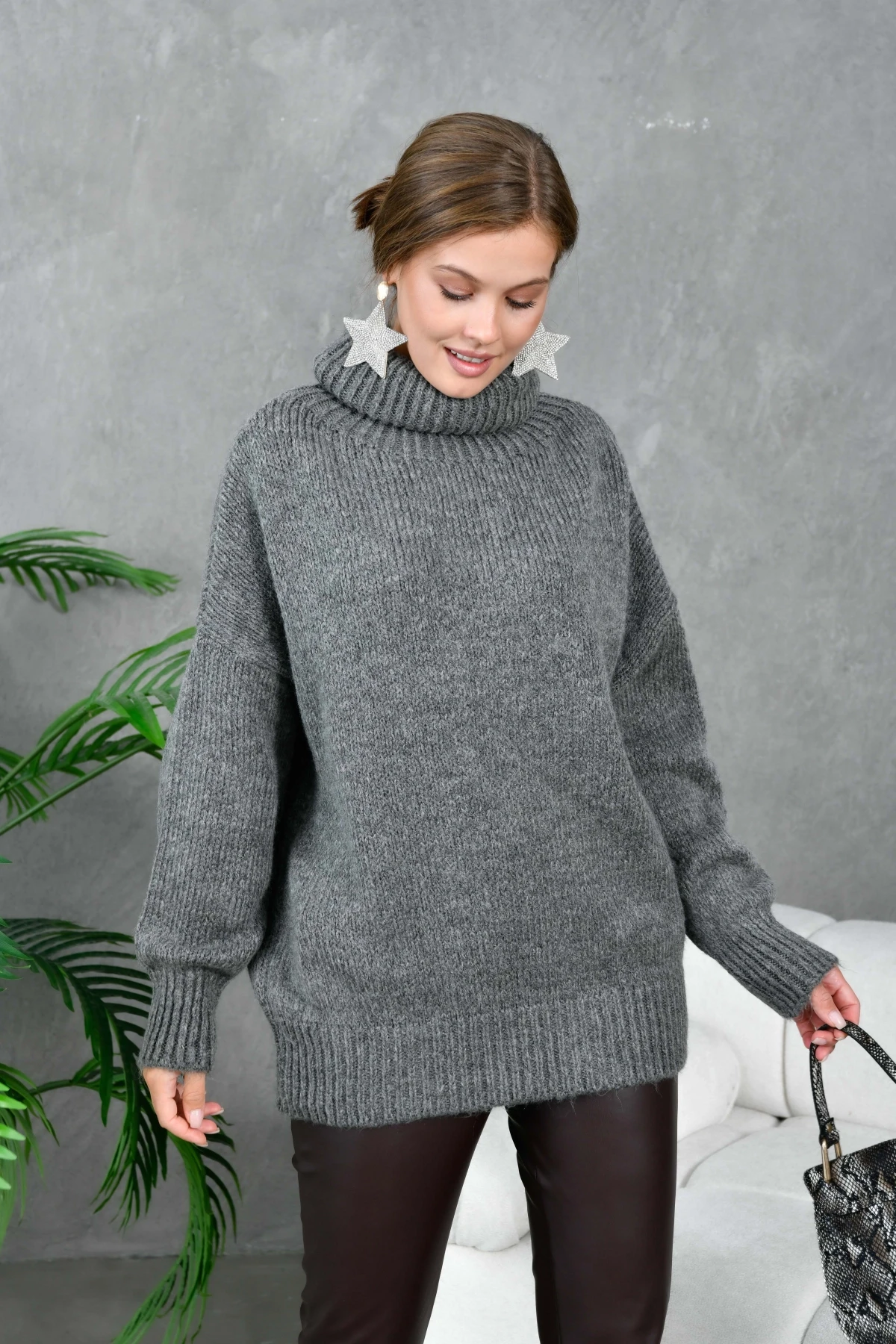 Kadın Balıkçı Yaka Kaşkorse Oversize Triko Tunik 223009