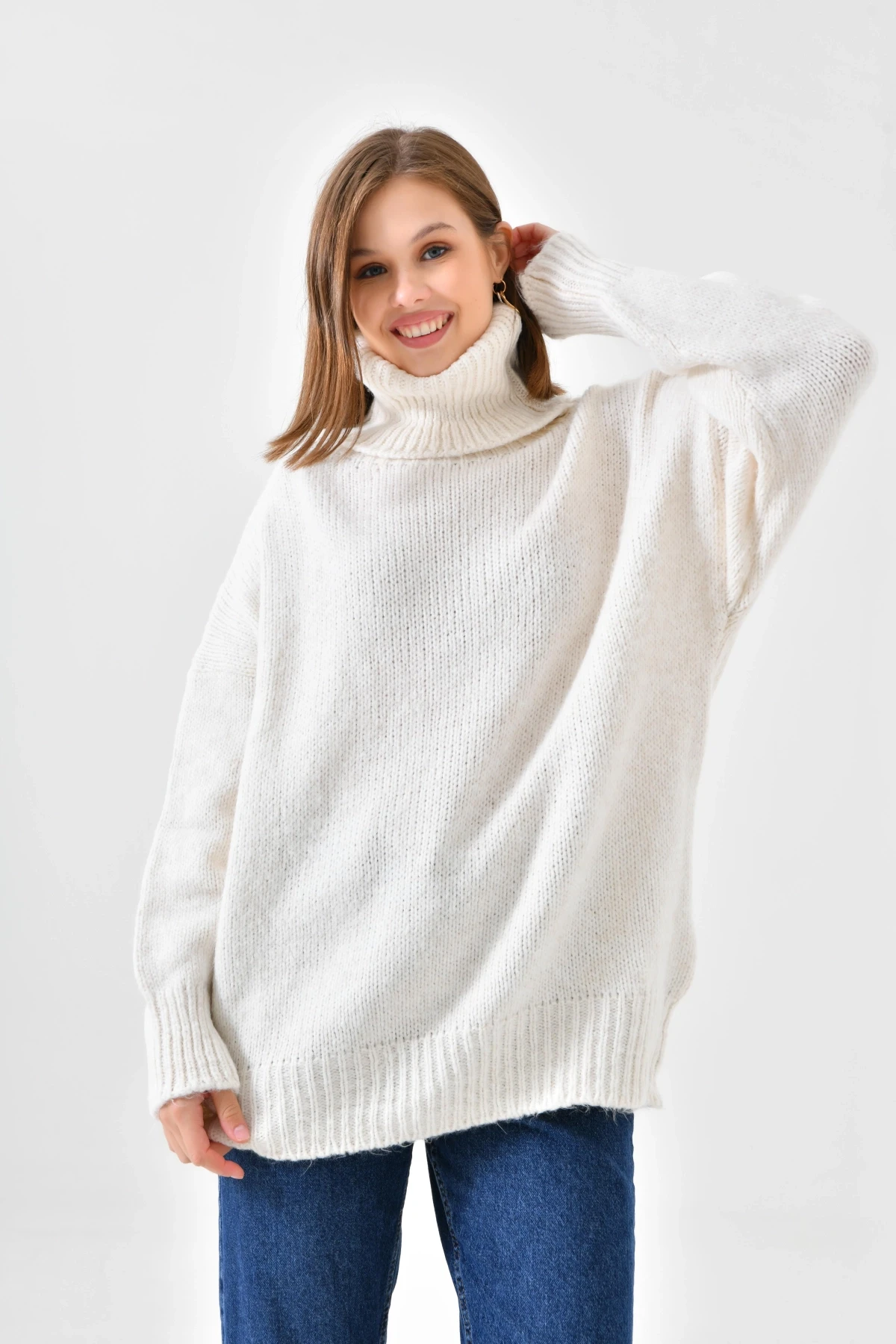 Kadın Balıkçı Yaka Kaşkorse Oversize Triko Tunik 223009