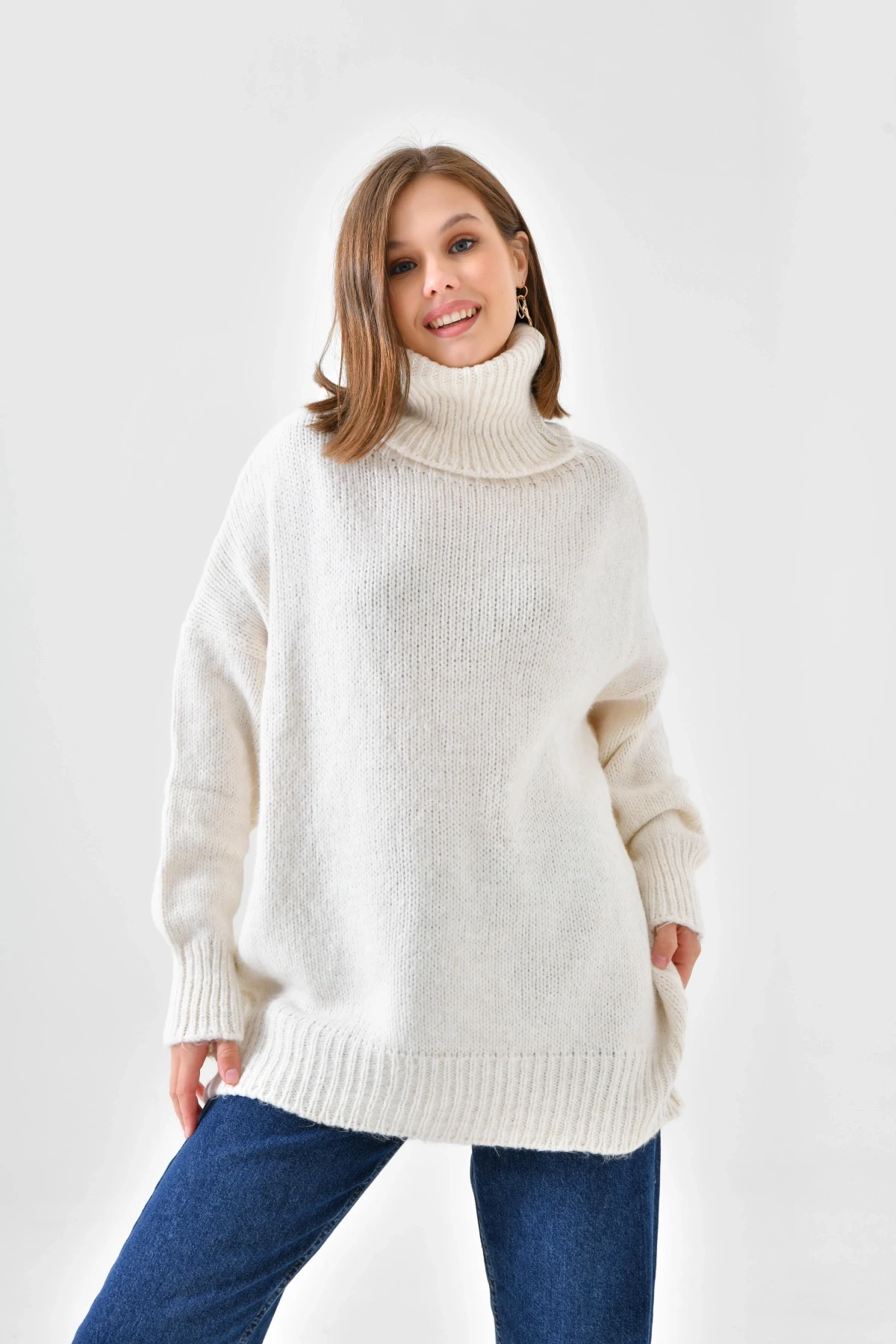 Kadın Balıkçı Yaka Kaşkorse Oversize Triko Tunik 223009