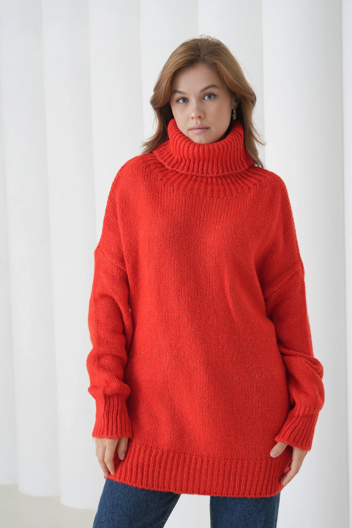 Kadın Balıkçı Yaka Kaşkorse Oversize Triko Tunik 223009