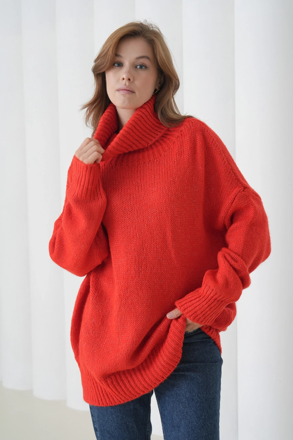 Kadın Balıkçı Yaka Kaşkorse Oversize Triko Tunik 223009