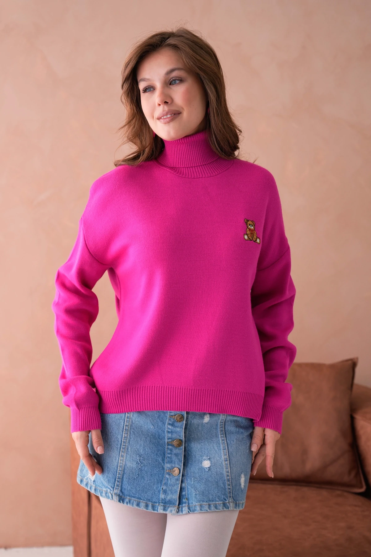 Kadın Balıkçı Yaka Nakış Detay Yumuşak Dokulu Basic Triko Kazak 214430