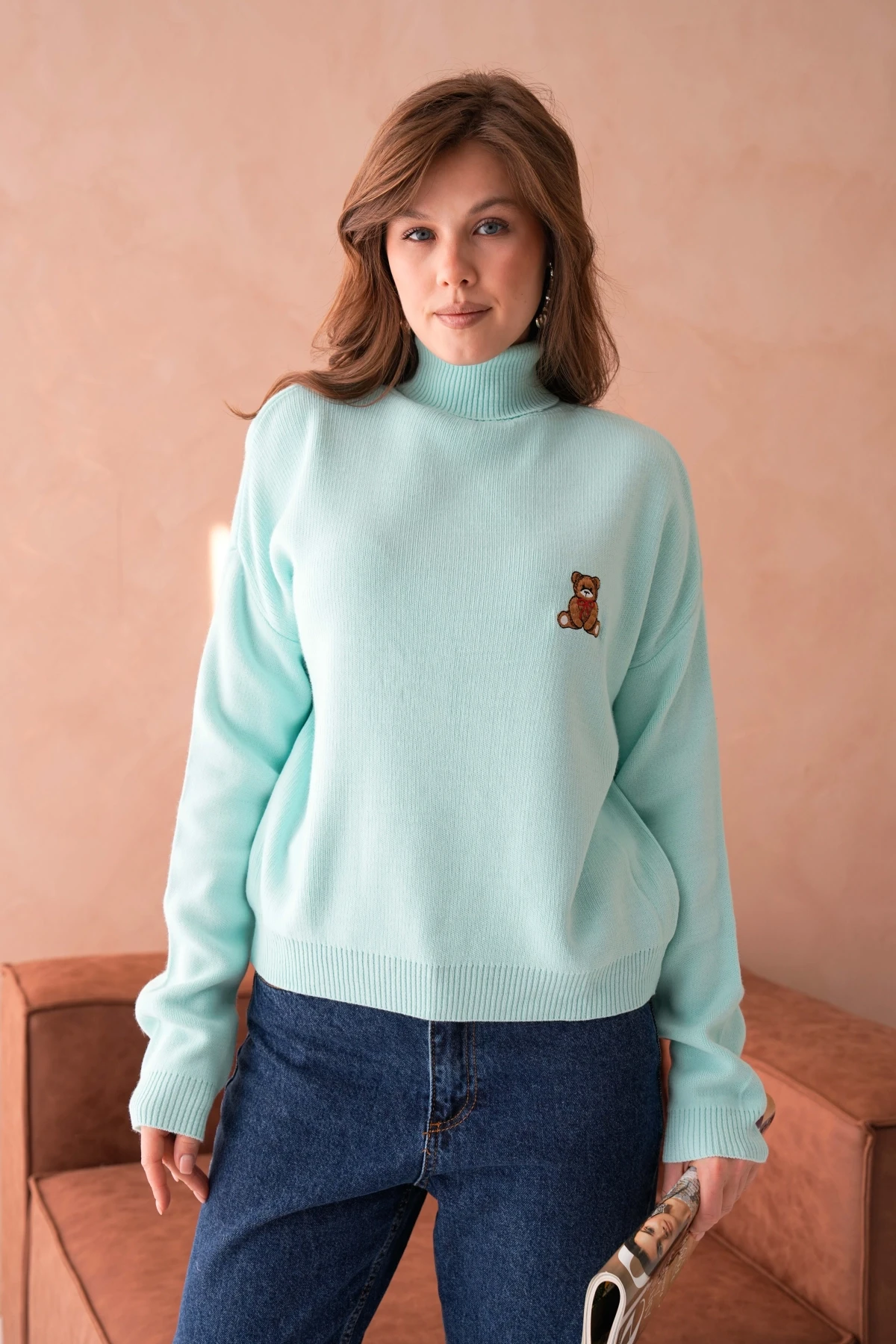 Kadın Balıkçı Yaka Nakış Detay Yumuşak Dokulu Basic Triko Kazak 214430