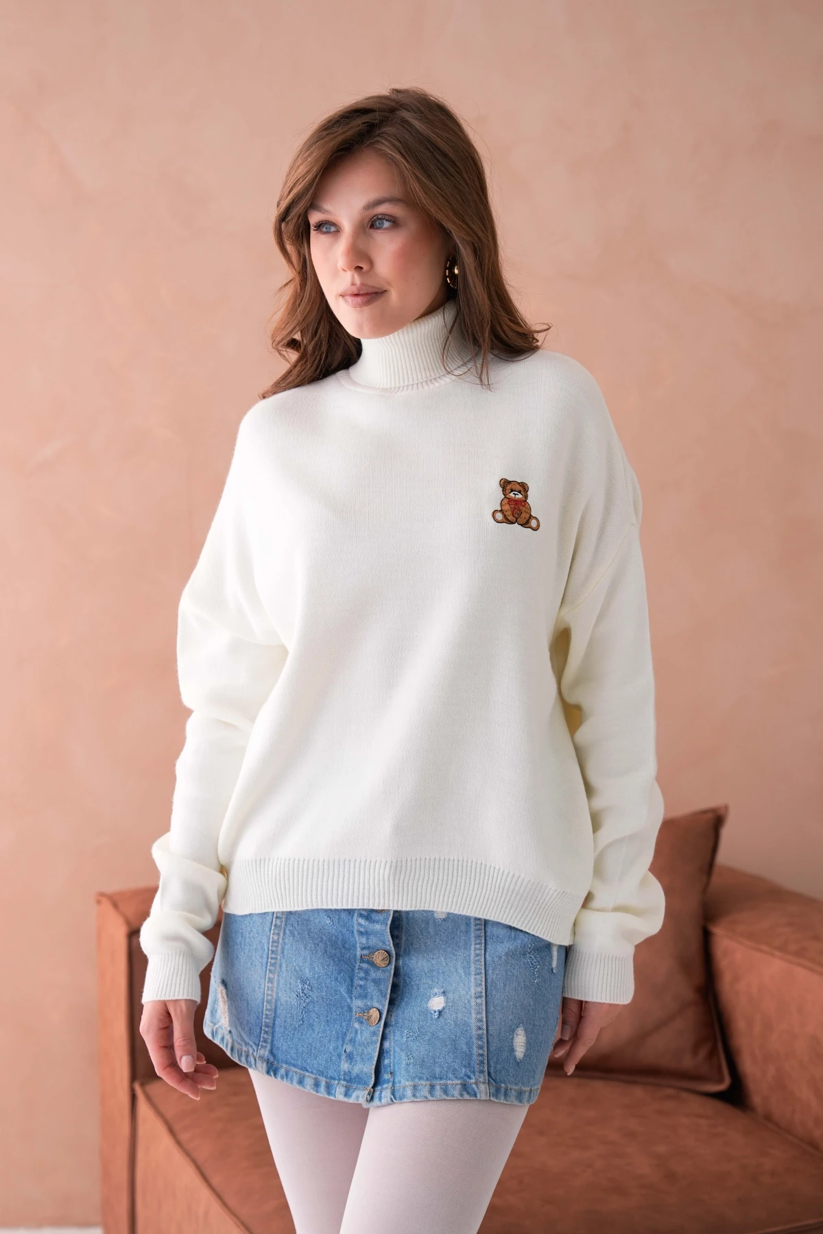 Kadın Balıkçı Yaka Nakış Detay Yumuşak Dokulu Basic Triko Kazak 214430