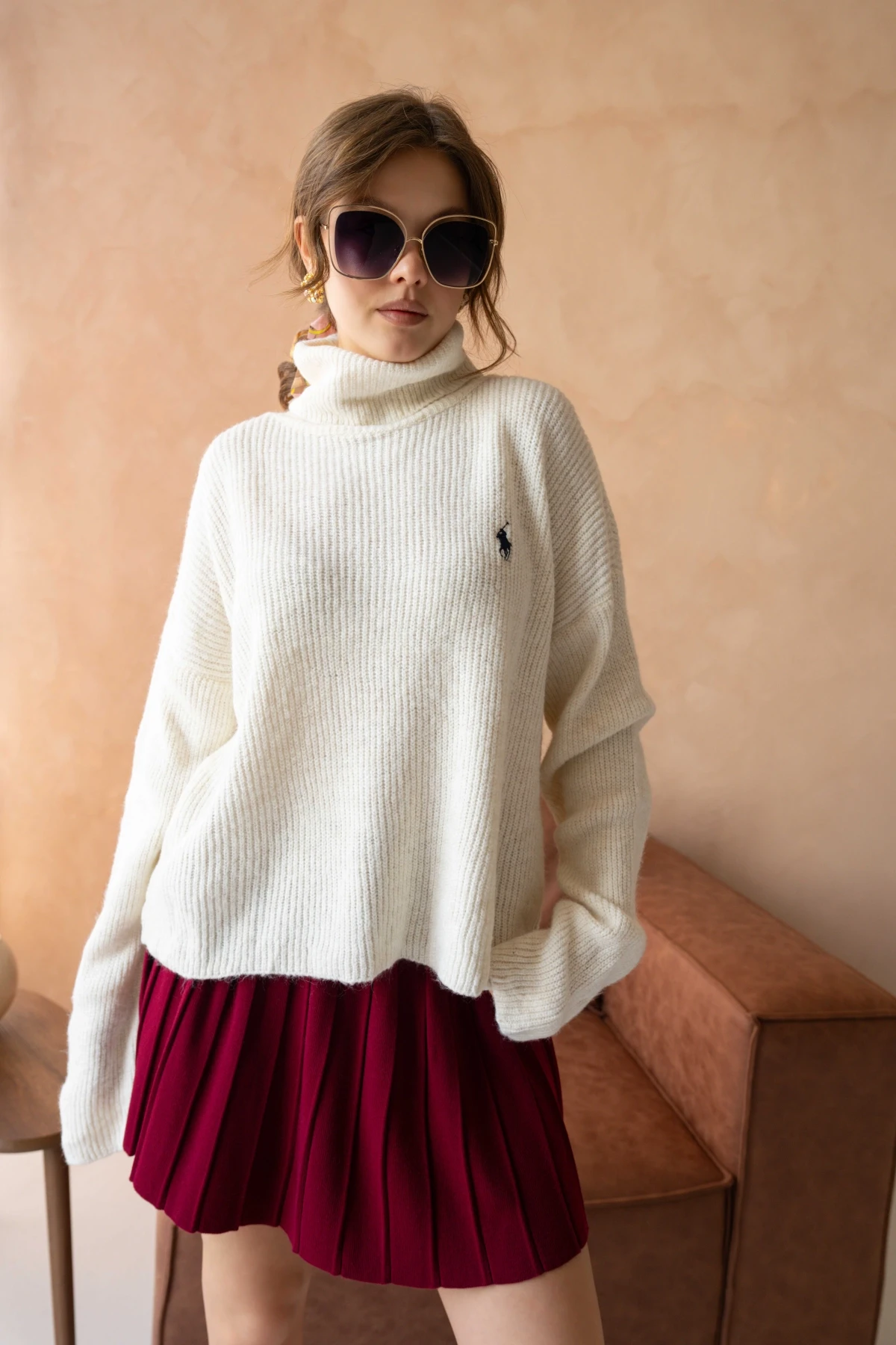 Kadın Balıkçı Yaka Selanik Örgü Oversize Triko Kazak 8080Sw