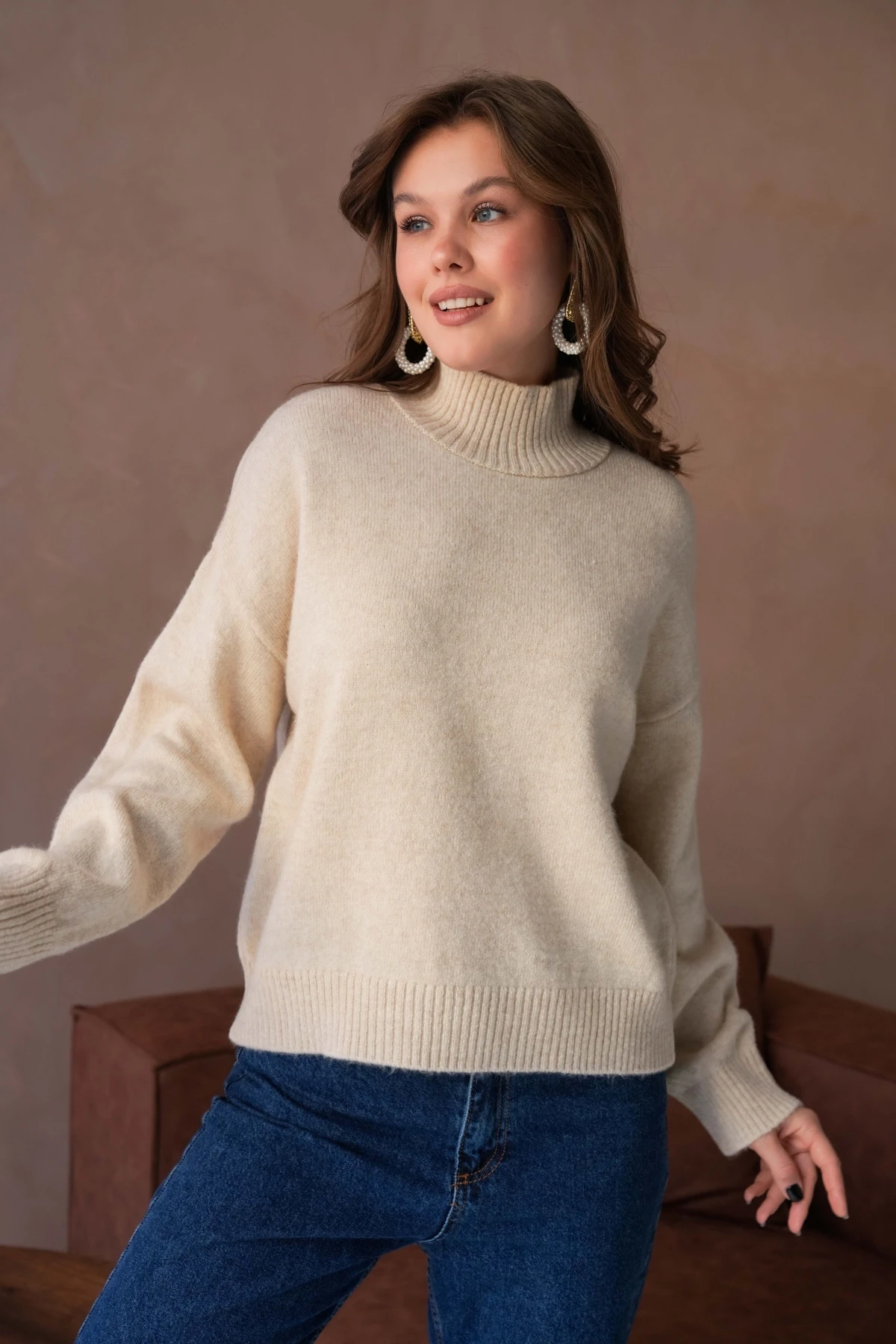 Kadın Balıkçı Yaka Yumuşak Dokulu Salaş Triko Kazak 8488Sw