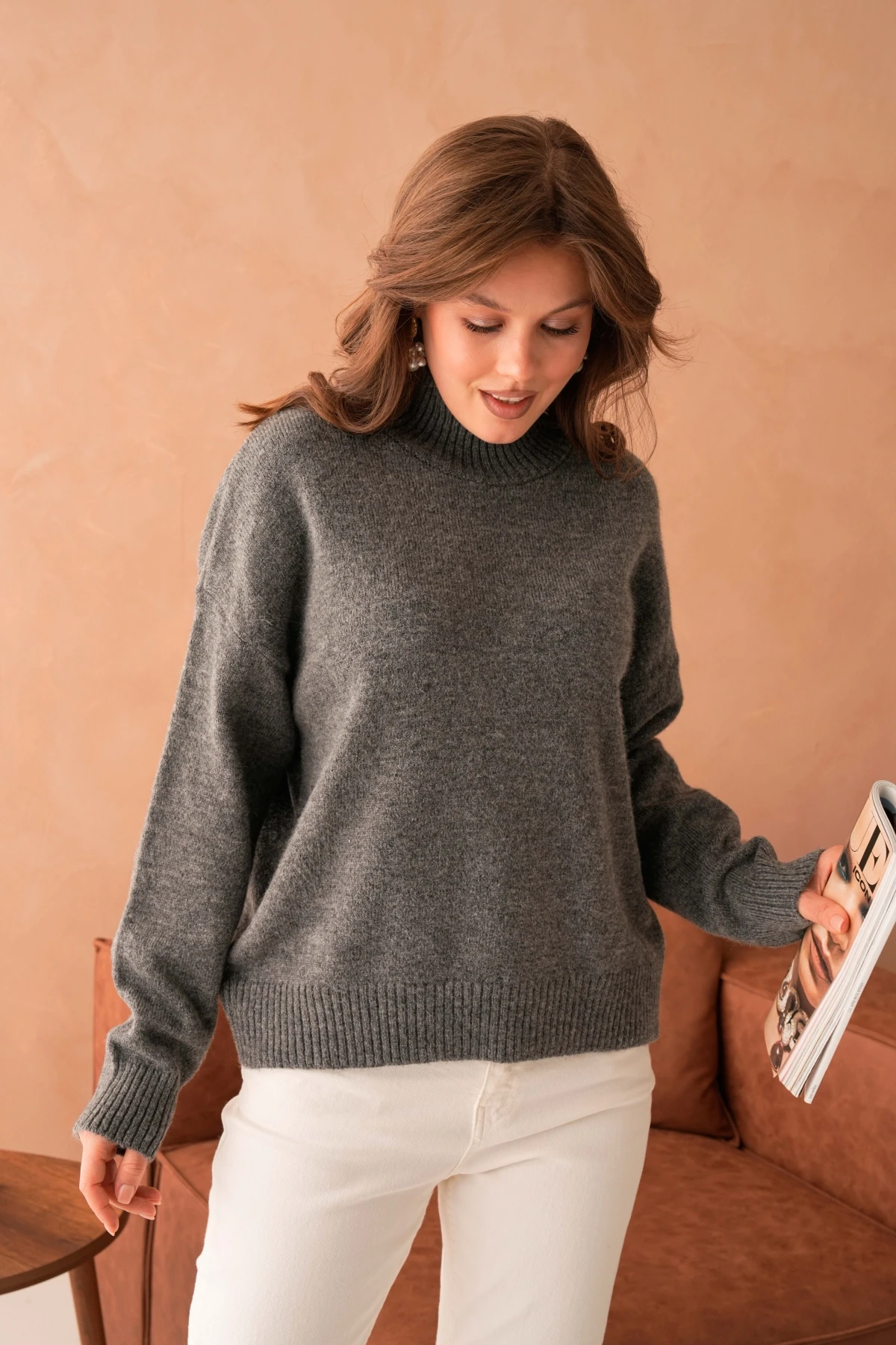 Kadın Balıkçı Yaka Yumuşak Dokulu Salaş Triko Kazak 8488Sw