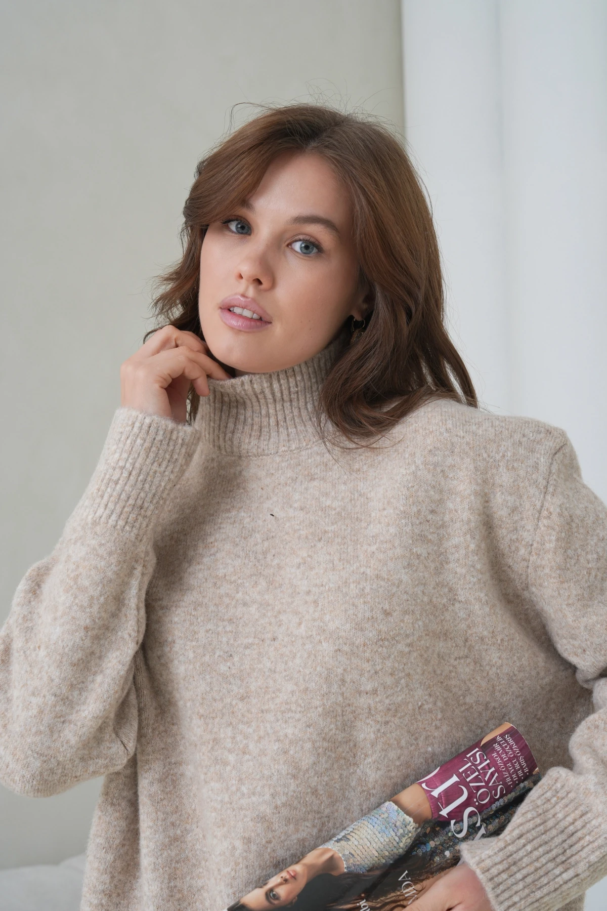 Kadın Balıkçı Yaka Yumuşak Dokulu Salaş Triko Kazak 8698Sw