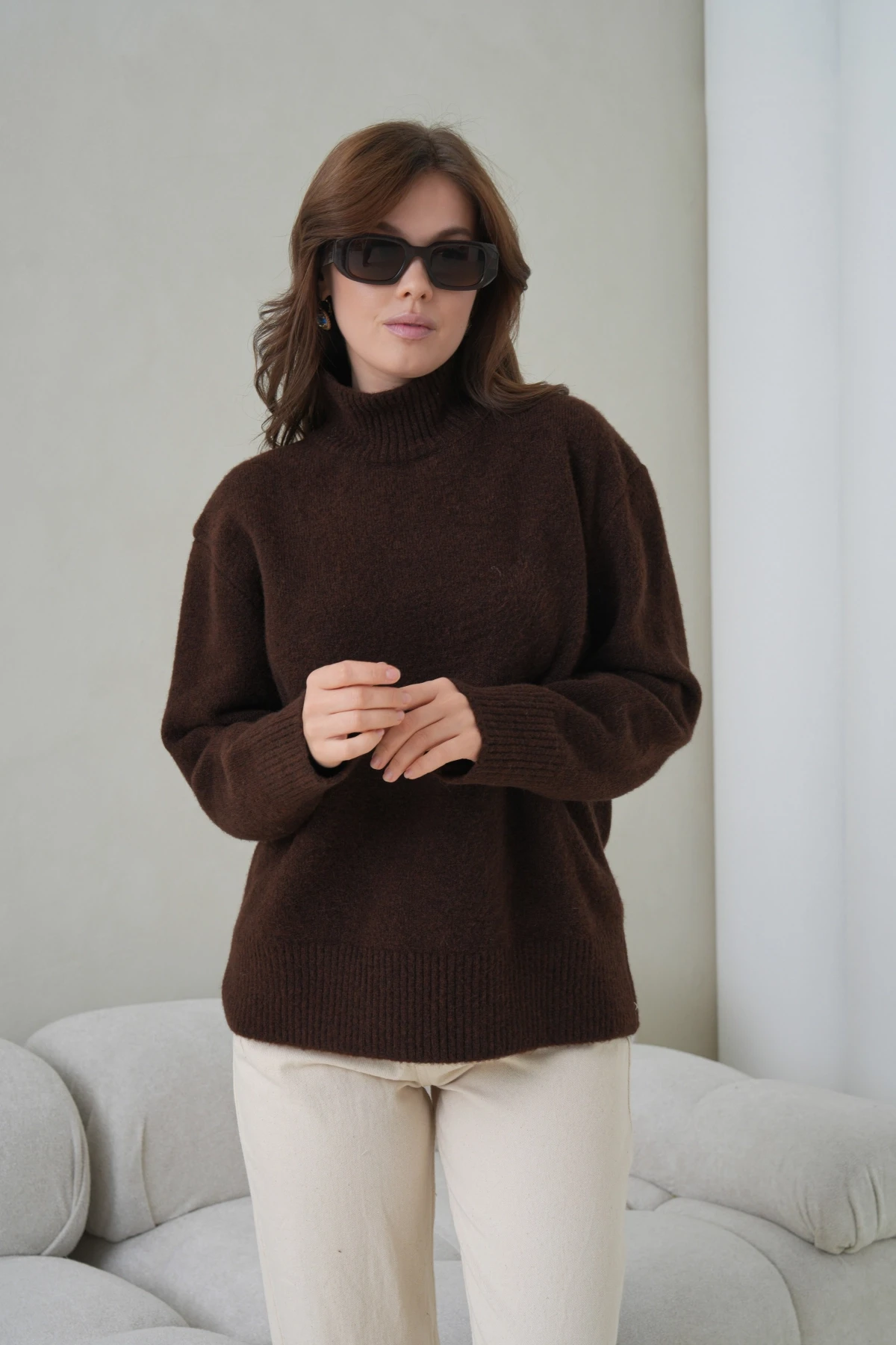 Kadın Balıkçı Yaka Yumuşak Dokulu Salaş Triko Kazak 8698Sw