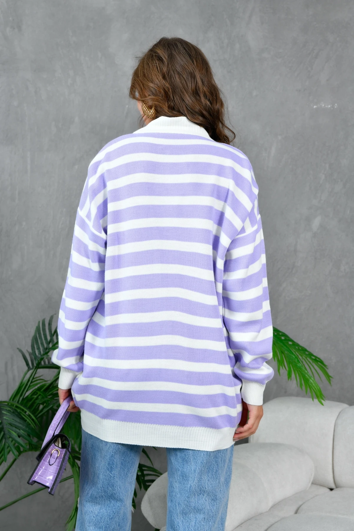 Kadın Bilek Etek Ve Banları Fitilli Çizgi desenli Triko Hırka 214201