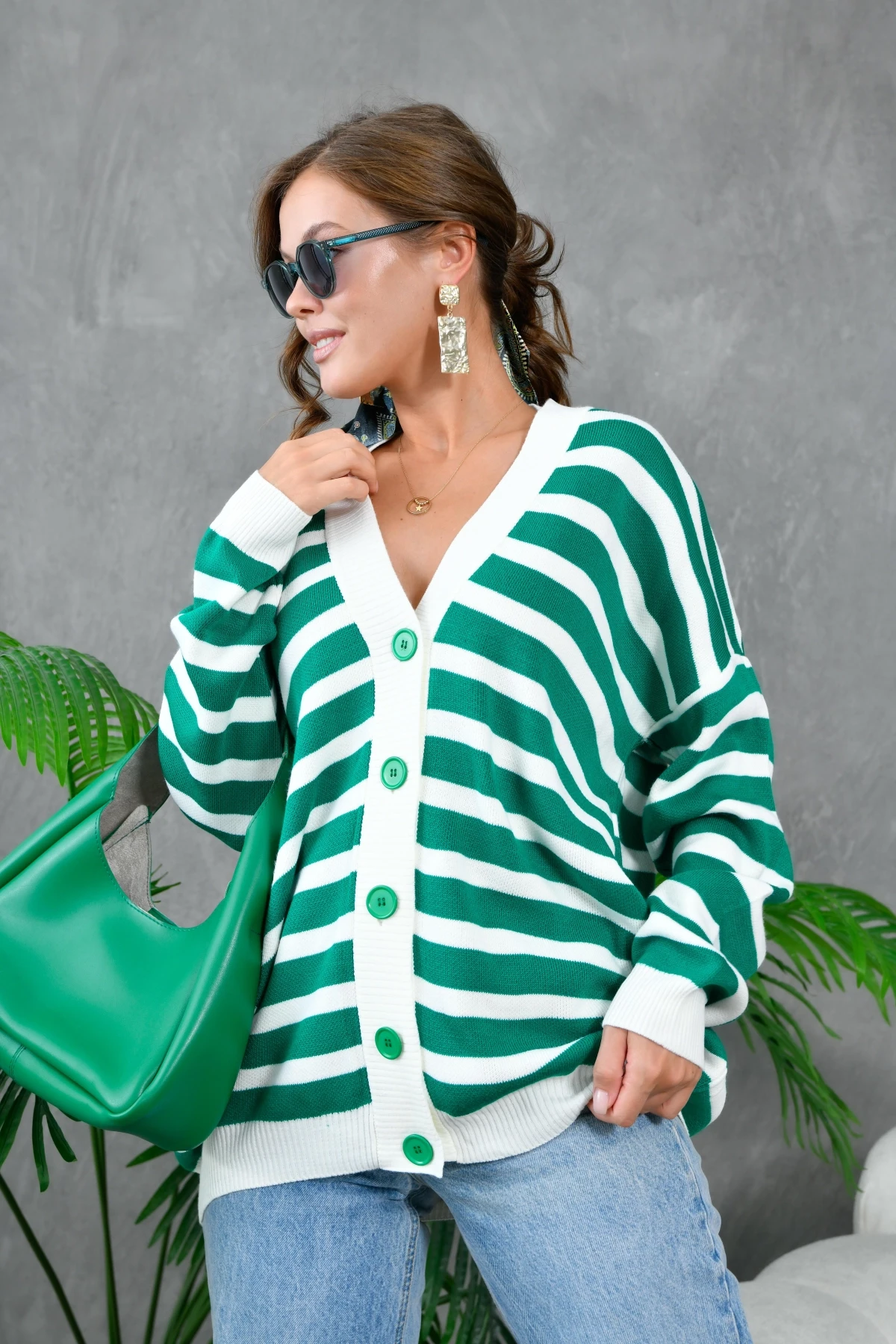 Kadın Bilek Etek Ve Banları Fitilli Çizgi desenli Triko Hırka 214201