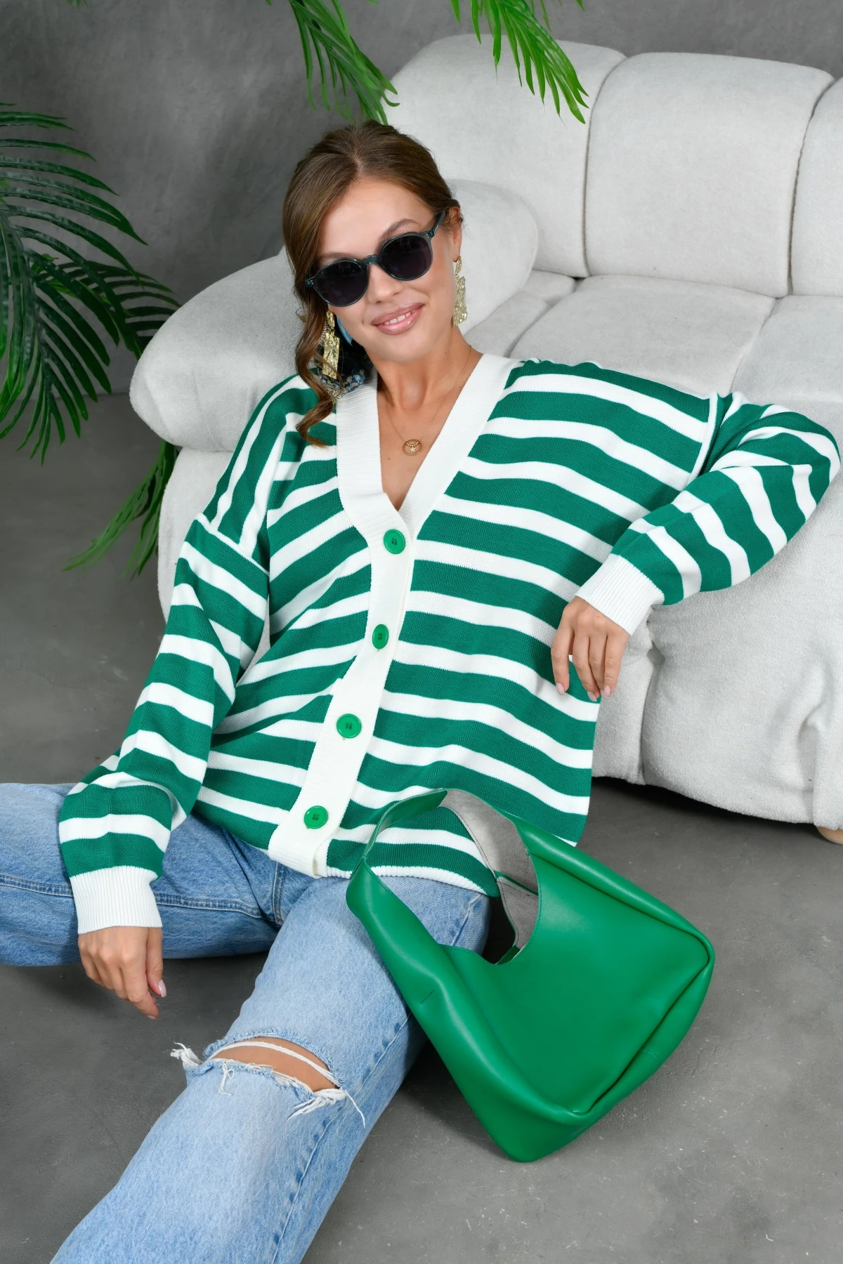 Kadın Bilek Etek Ve Banları Fitilli Çizgi desenli Triko Hırka 214201