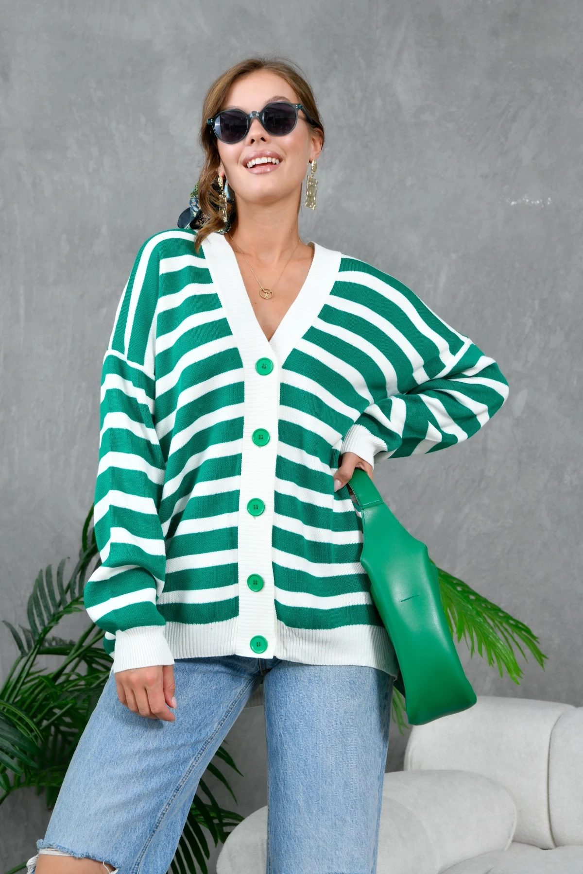 Kadın Bilek Etek Ve Banları Fitilli Çizgi desenli Triko Hırka 214201