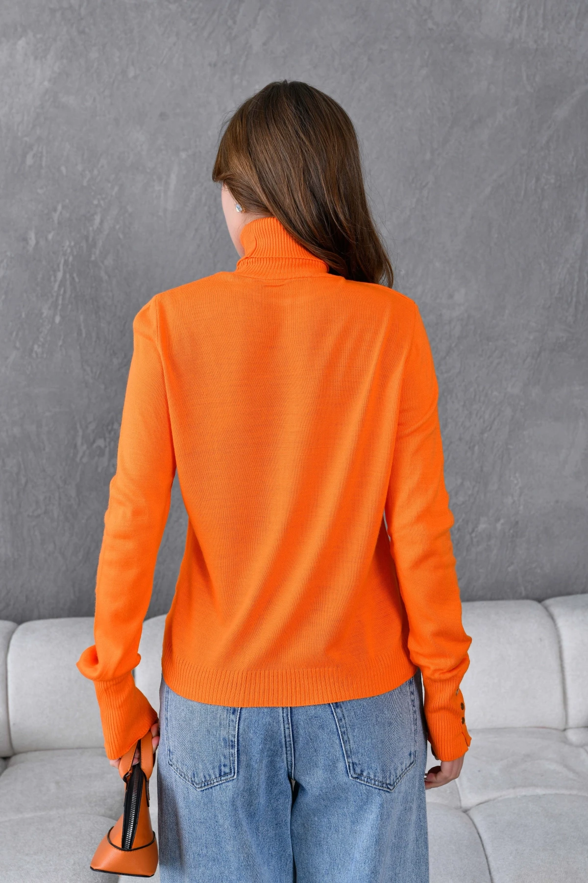 Kadın Bilek Ve Yakası Fitilli Kolları Süs Düğmeli Balıkçı Yaka Triko Kazak 224296