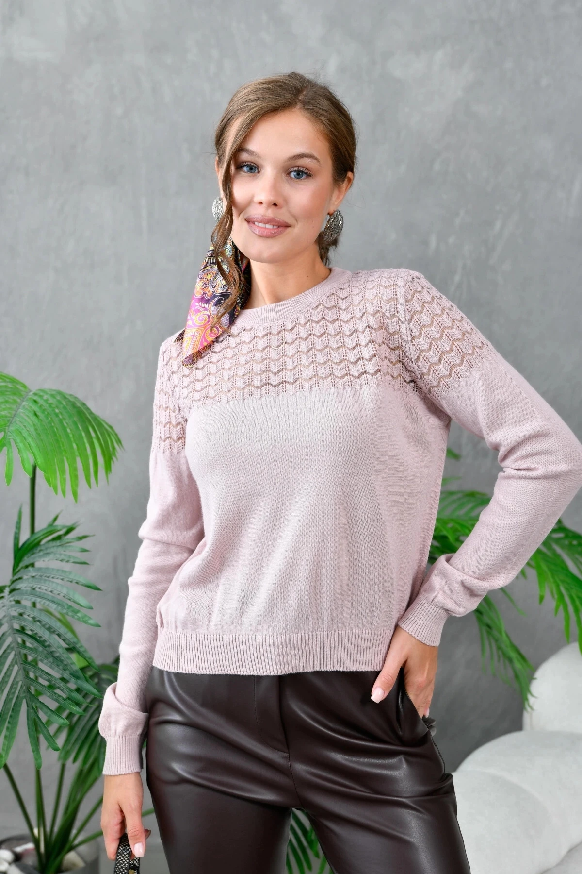 Kadın Bisiklet Yaka Ajurlu Triko Kazak