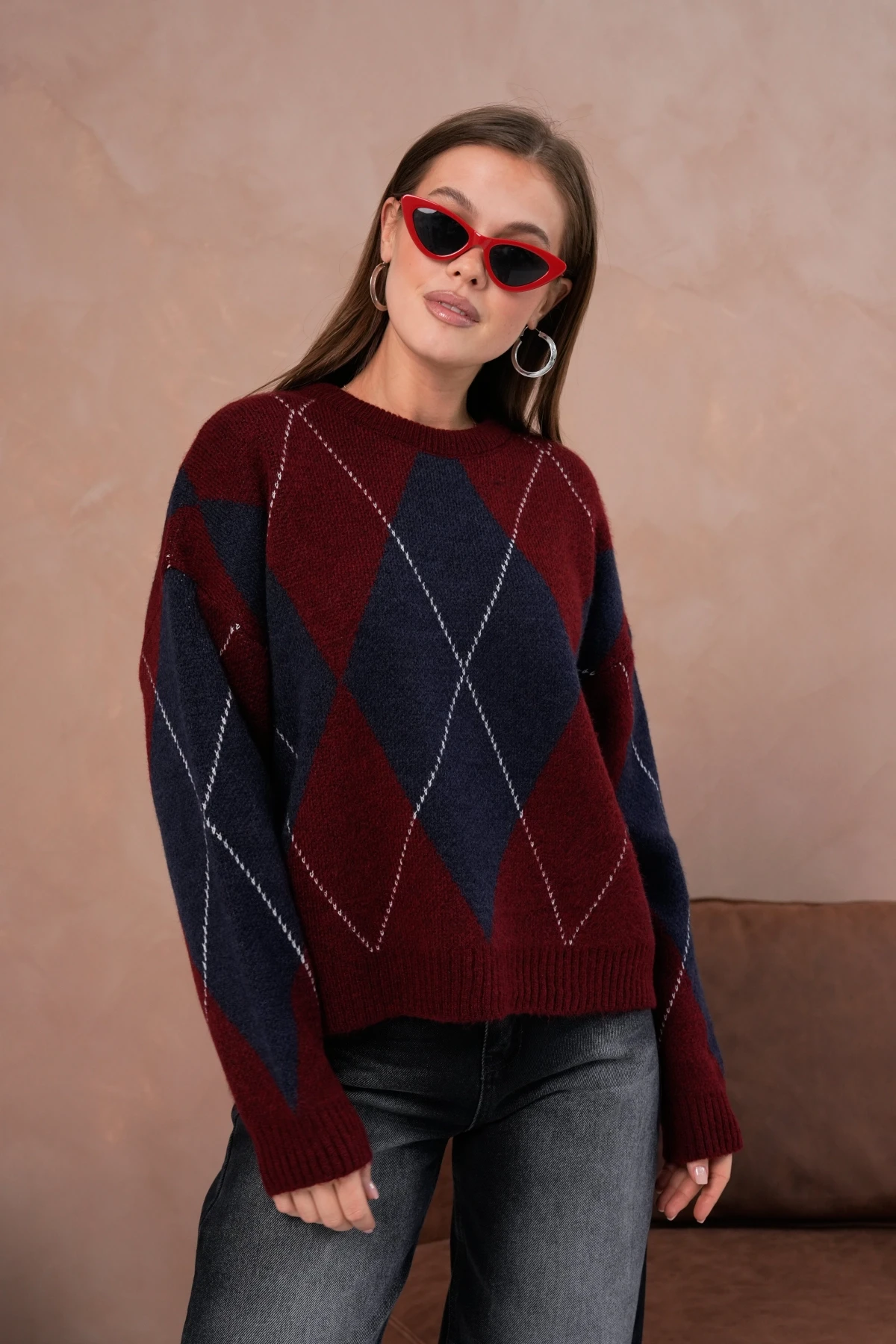 Kadın Bisiklet Yaka Baklava Desenli Triko Kazak 8490Sw