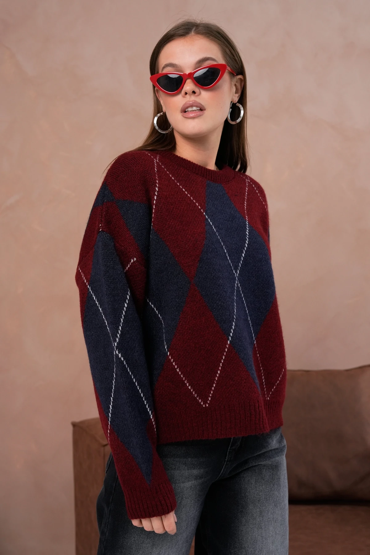 Kadın Bisiklet Yaka Baklava Desenli Triko Kazak 8490Sw