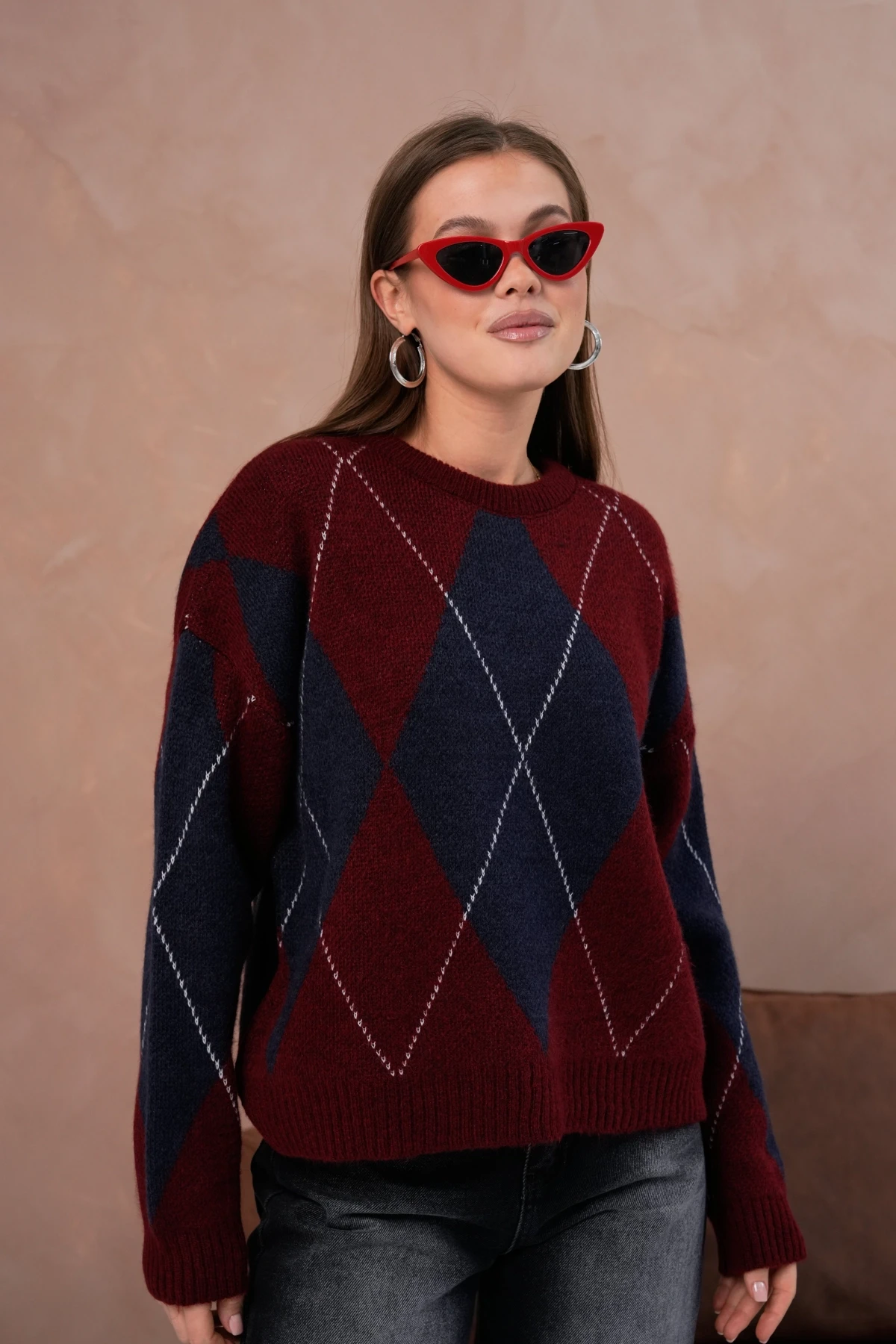 Kadın Bisiklet Yaka Baklava Desenli Triko Kazak 8490Sw