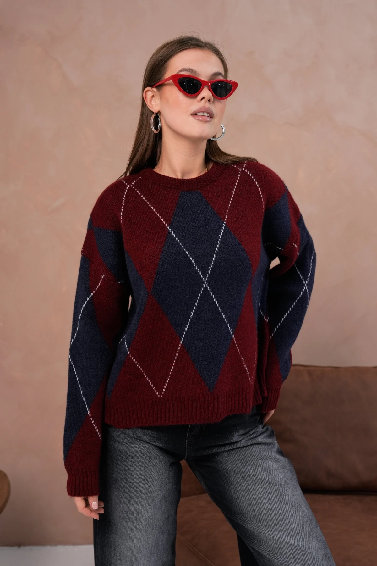 Kadın Bisiklet Yaka Baklava Desenli Triko Kazak 8490Sw