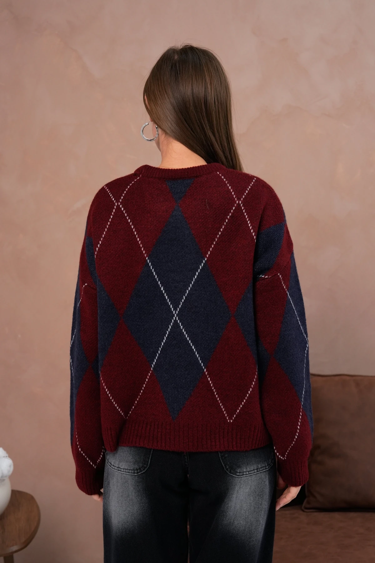 Kadın Bisiklet Yaka Baklava Desenli Triko Kazak 8490Sw