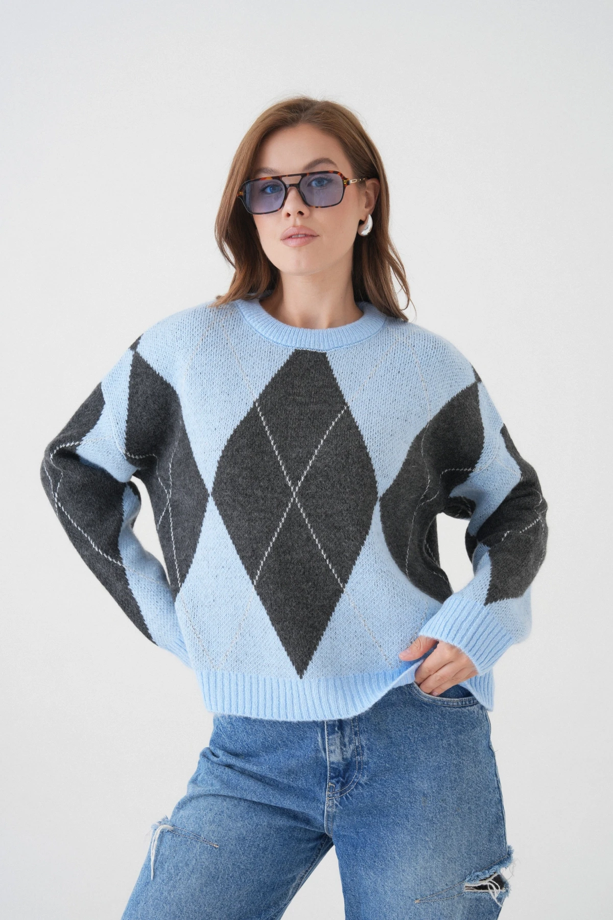 Kadın Bisiklet Yaka Baklava Desenli Triko Kazak 8490Sw