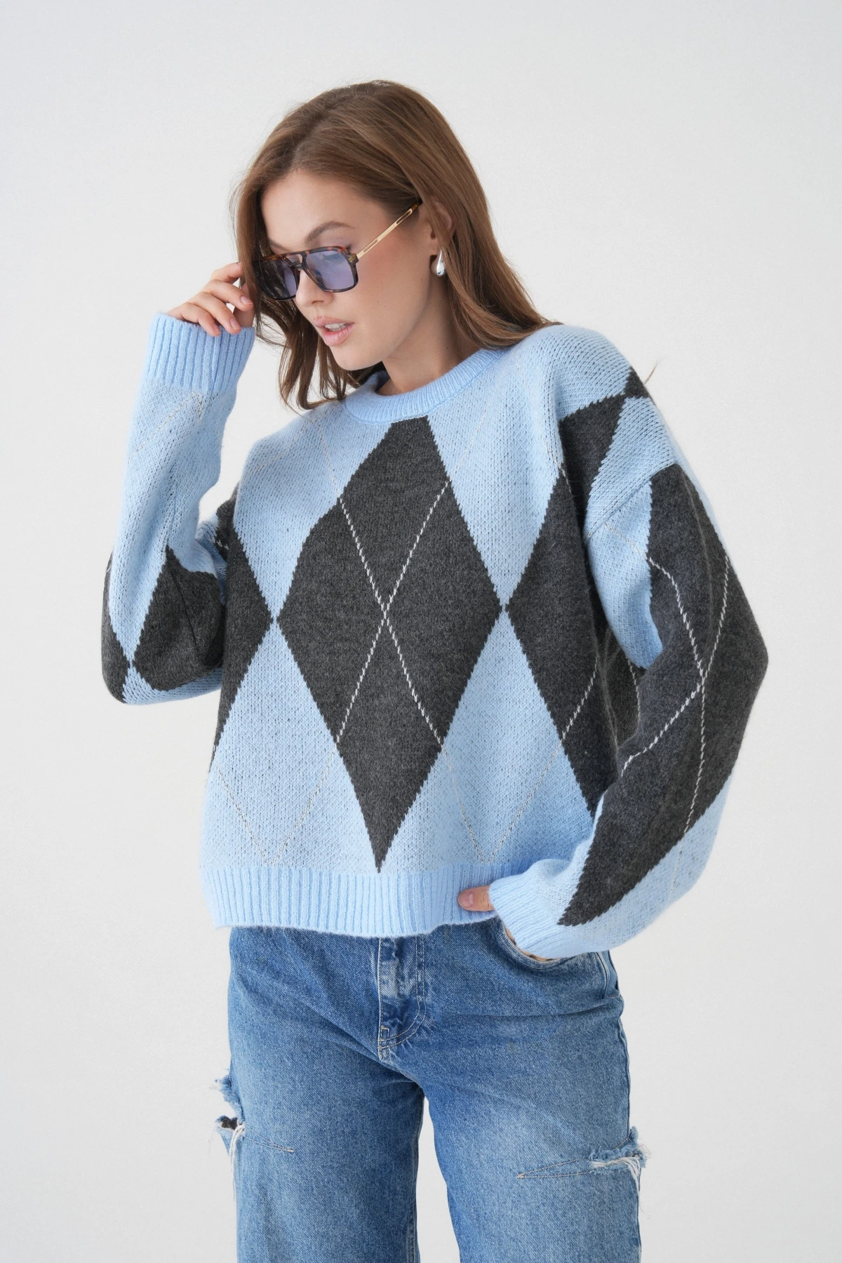 Kadın Bisiklet Yaka Baklava Desenli Triko Kazak 8490Sw