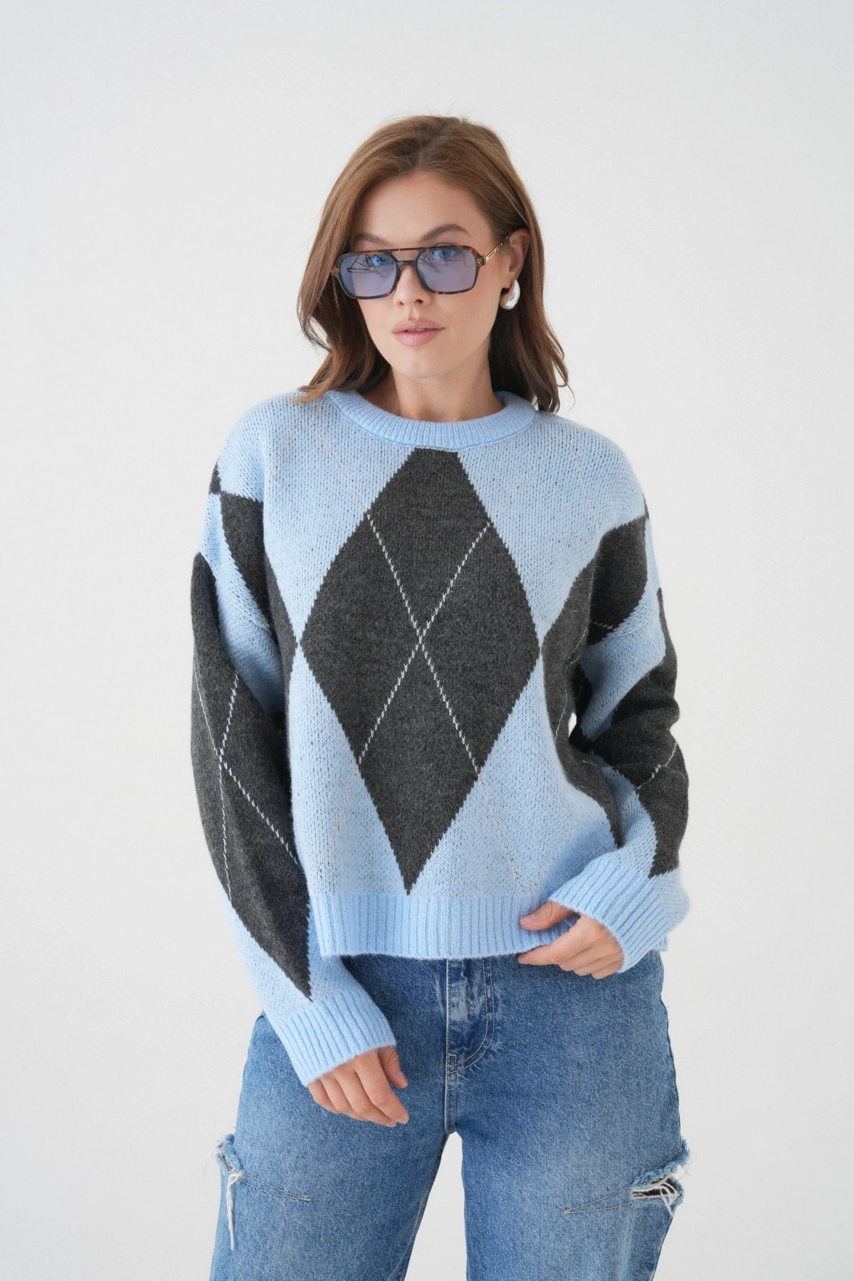 Kadın Bisiklet Yaka Baklava Desenli Triko Kazak 8490Sw