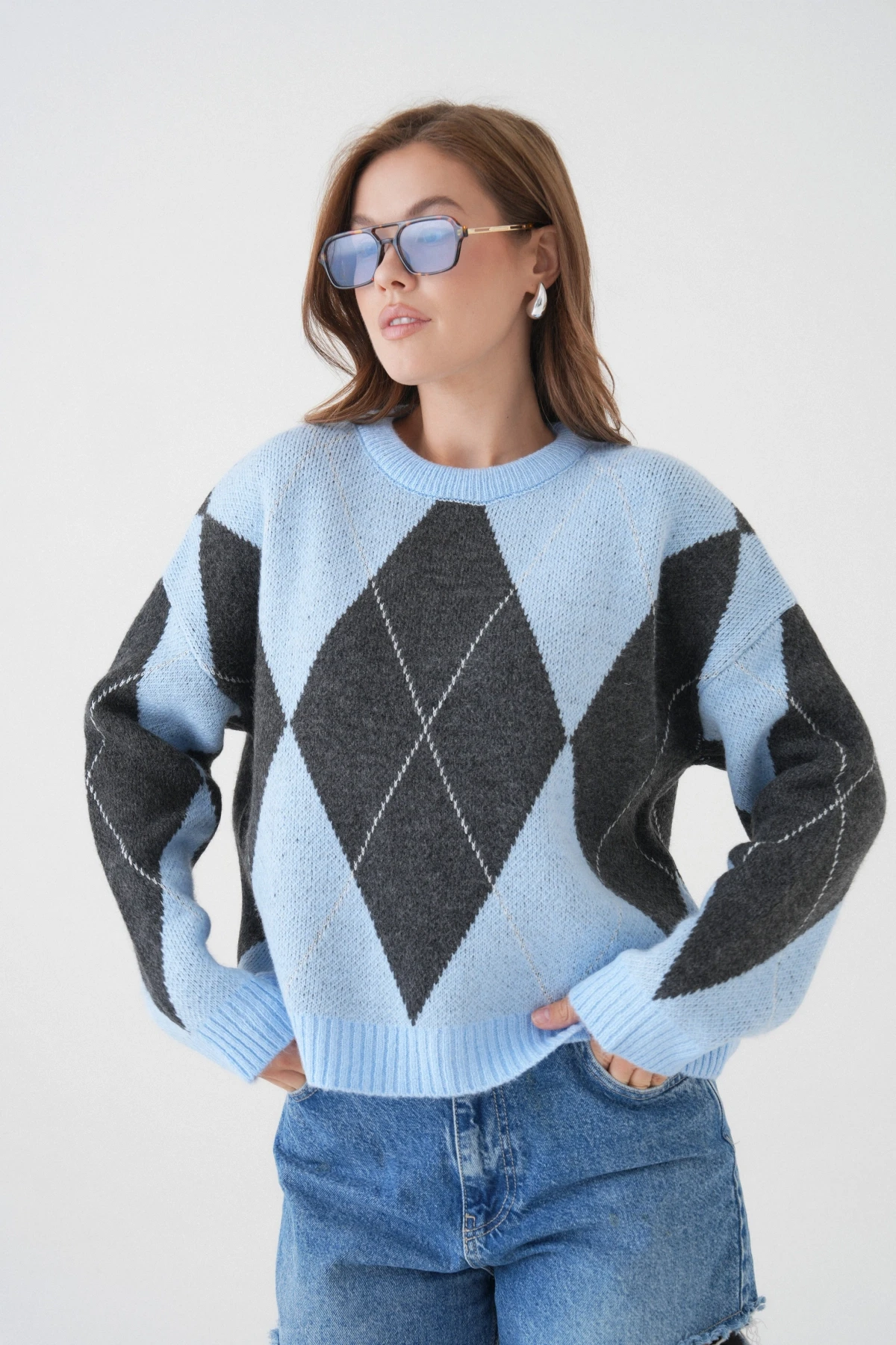 Kadın Bisiklet Yaka Baklava Desenli Triko Kazak 8490Sw