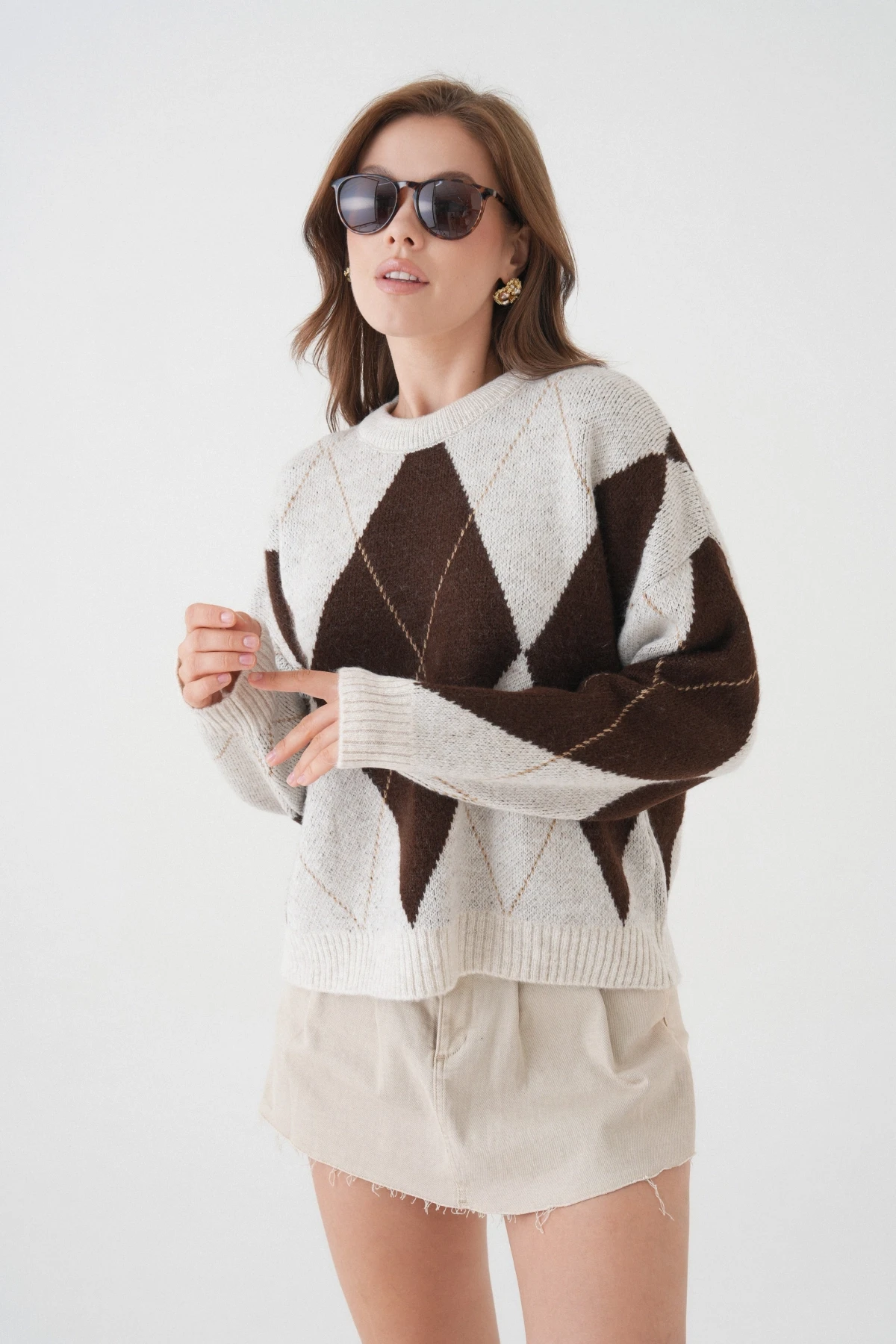 Kadın Bisiklet Yaka Baklava Desenli Triko Kazak 8490Sw