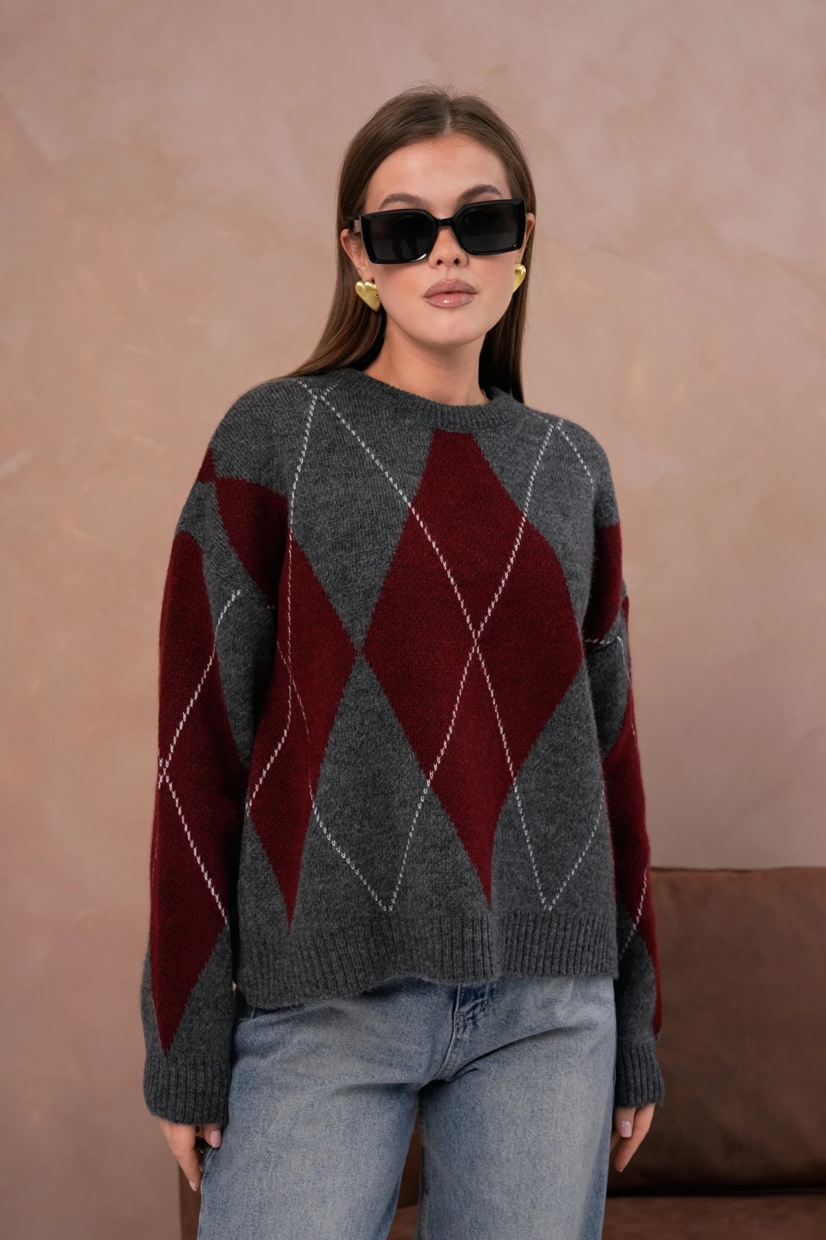 Kadın Bisiklet Yaka Baklava Desenli Triko Kazak 8490Sw