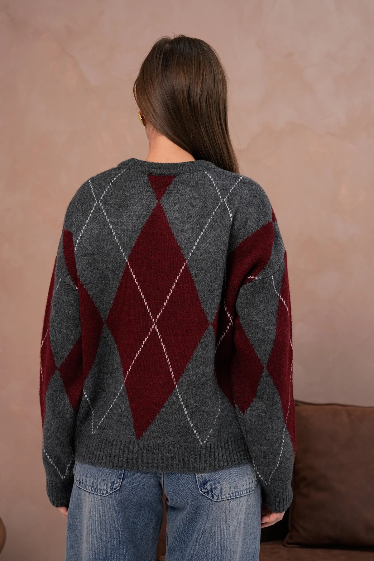 Kadın Bisiklet Yaka Baklava Desenli Triko Kazak 8490Sw