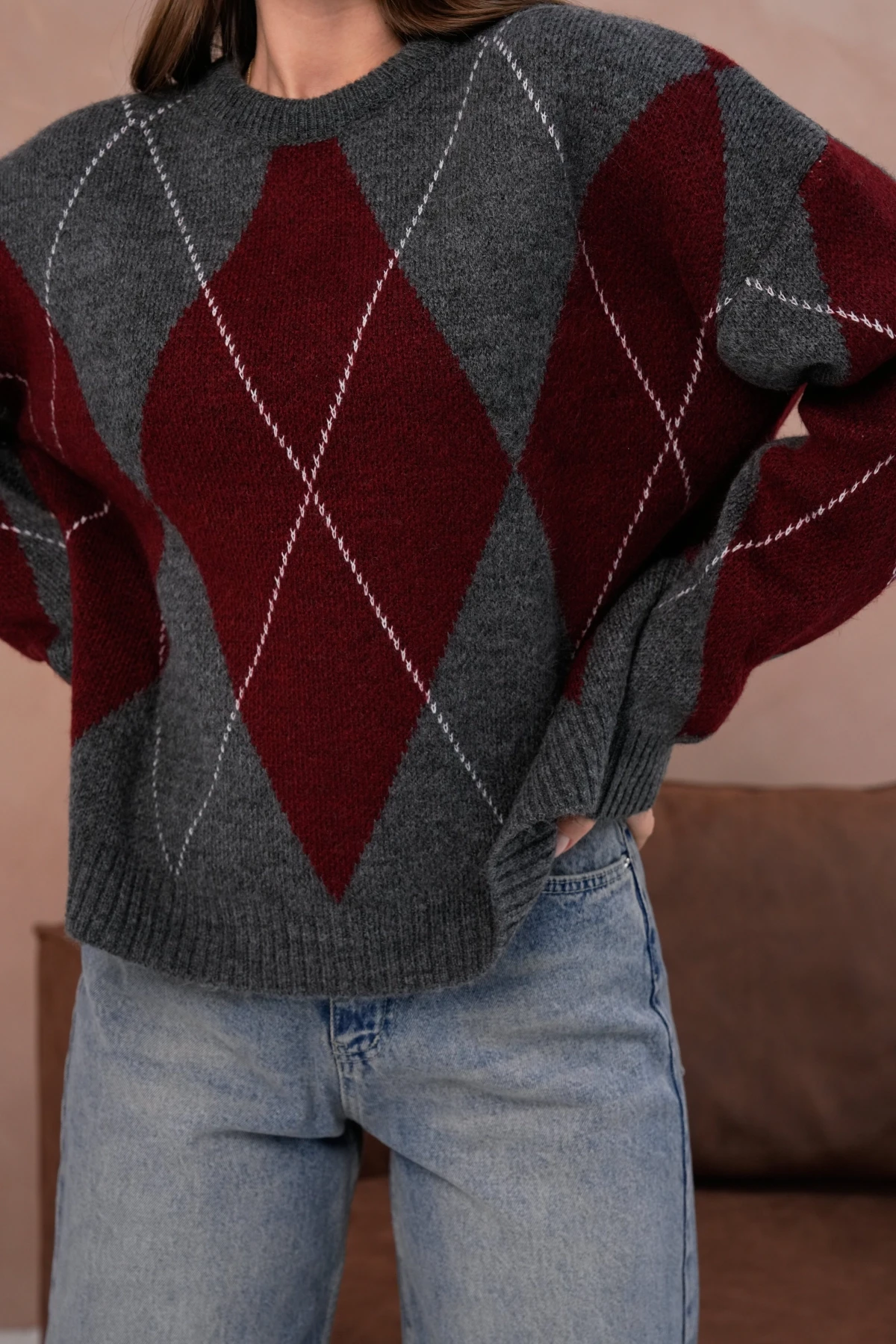 Kadın Bisiklet Yaka Baklava Desenli Triko Kazak 8490Sw