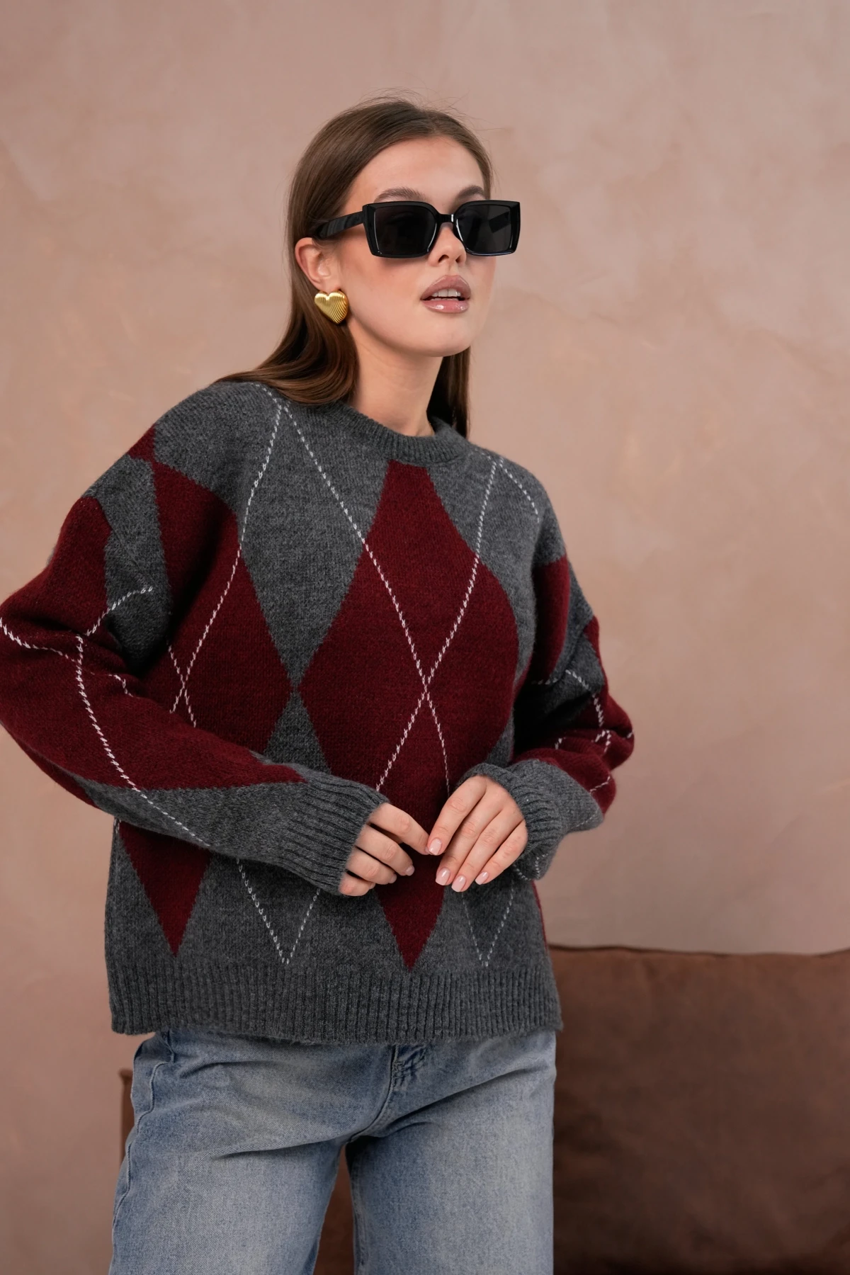 Kadın Bisiklet Yaka Baklava Desenli Triko Kazak 8490Sw