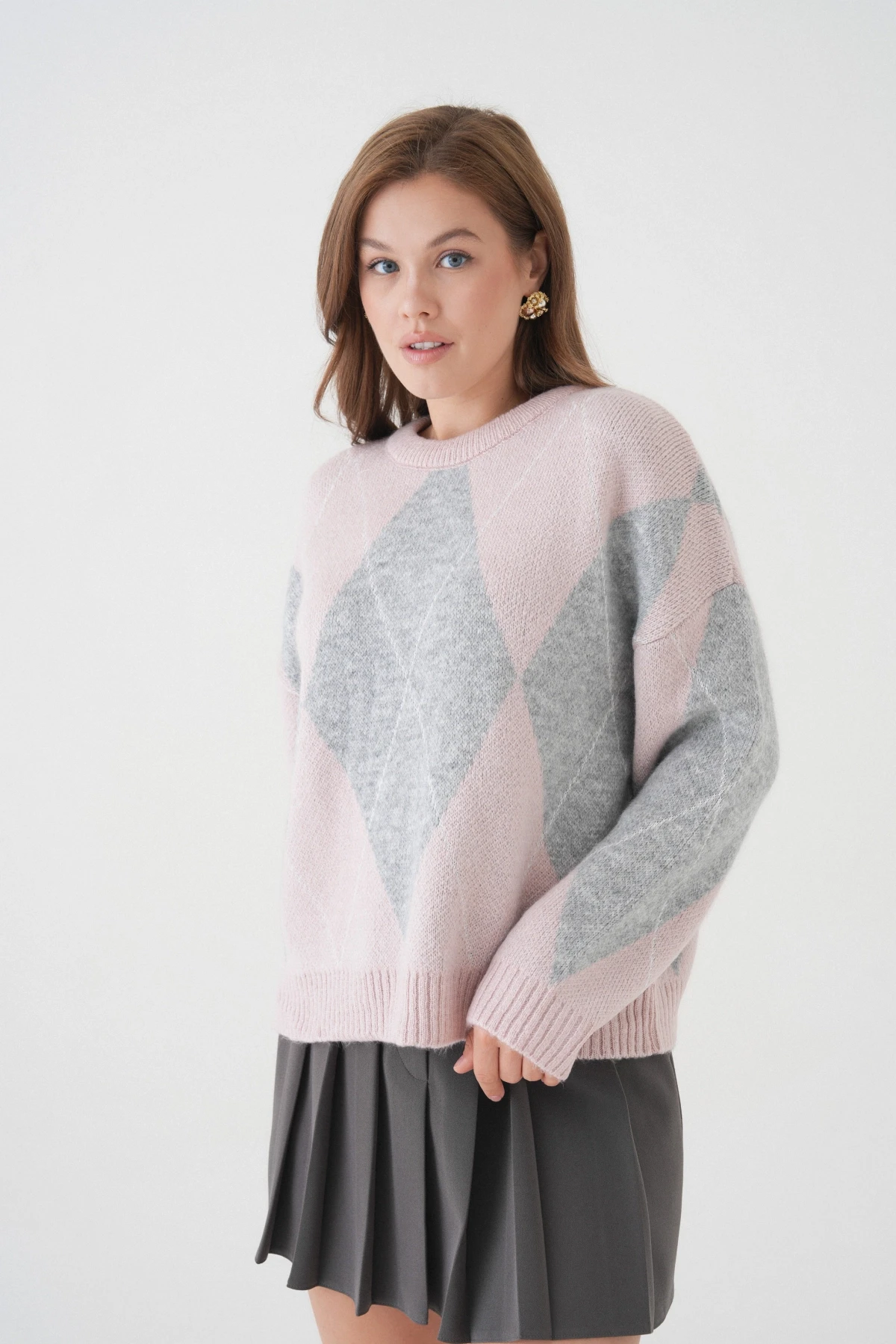 Kadın Bisiklet Yaka Baklava Desenli Triko Kazak 8490Sw