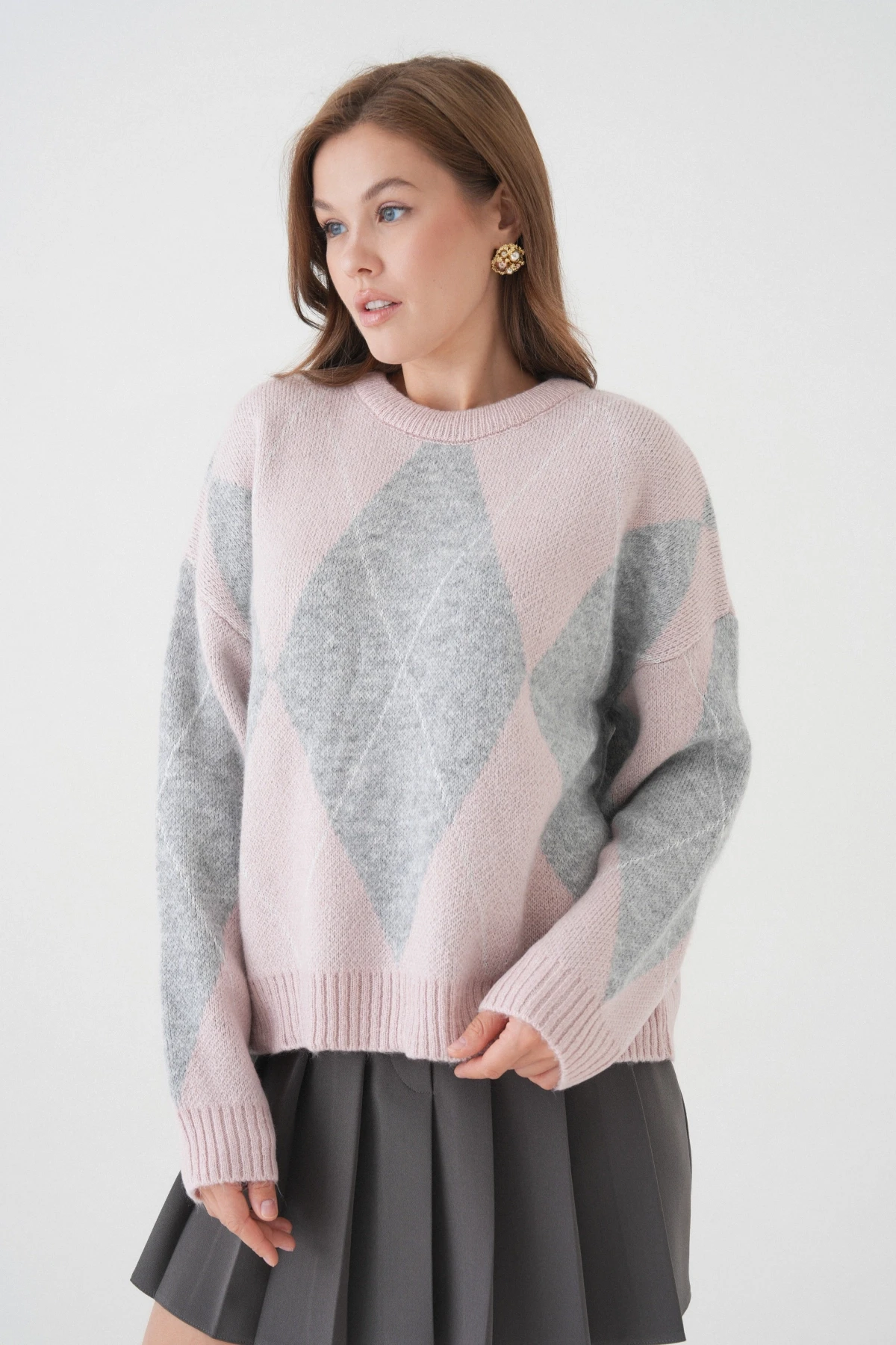 Kadın Bisiklet Yaka Baklava Desenli Triko Kazak 8490Sw