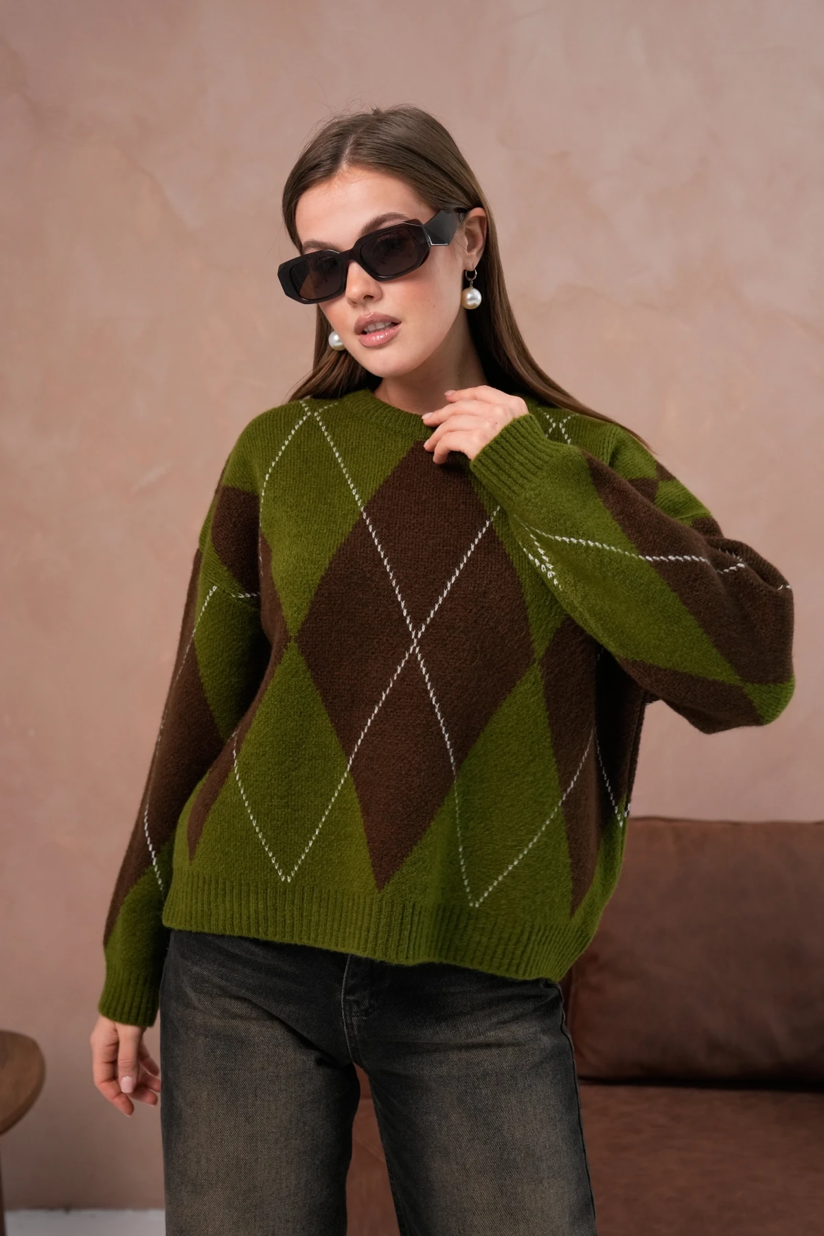 Kadın Bisiklet Yaka Baklava Desenli Triko Kazak 8490Sw