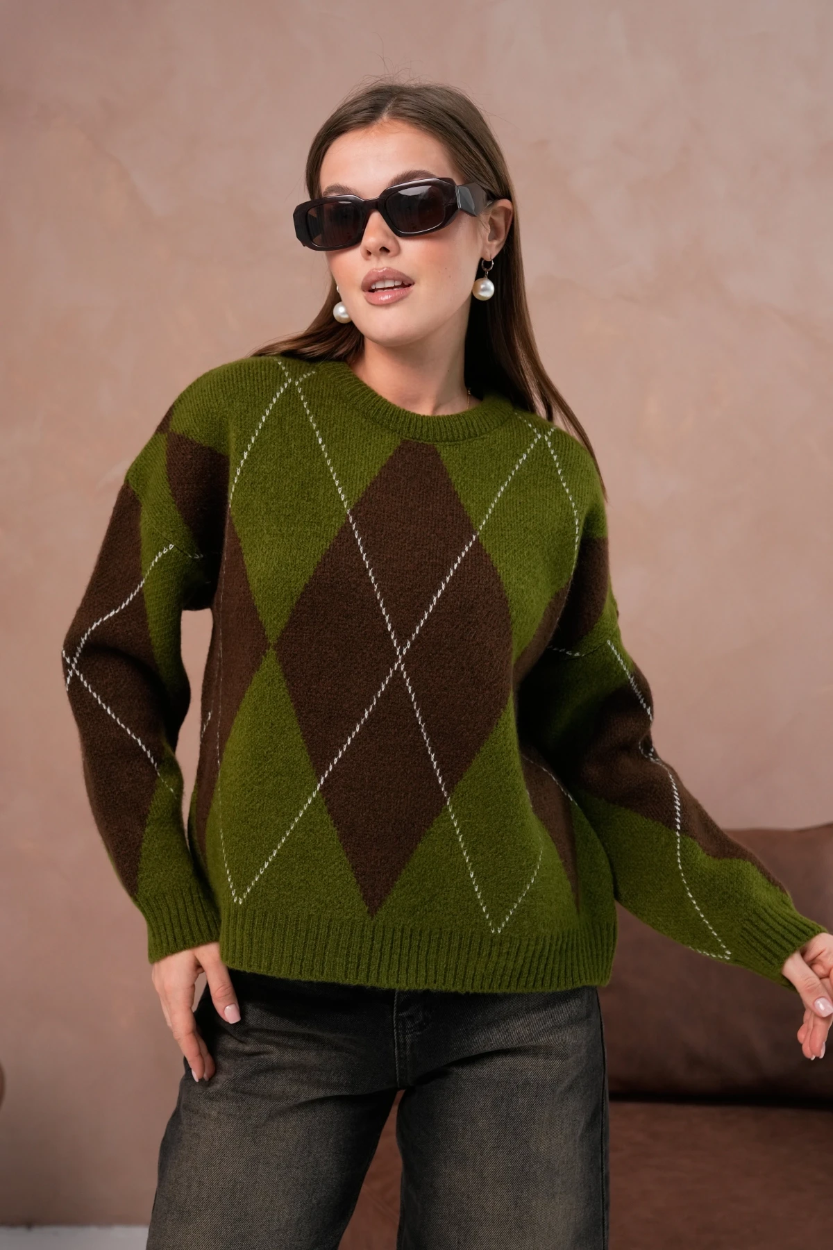 Kadın Bisiklet Yaka Baklava Desenli Triko Kazak 8490Sw