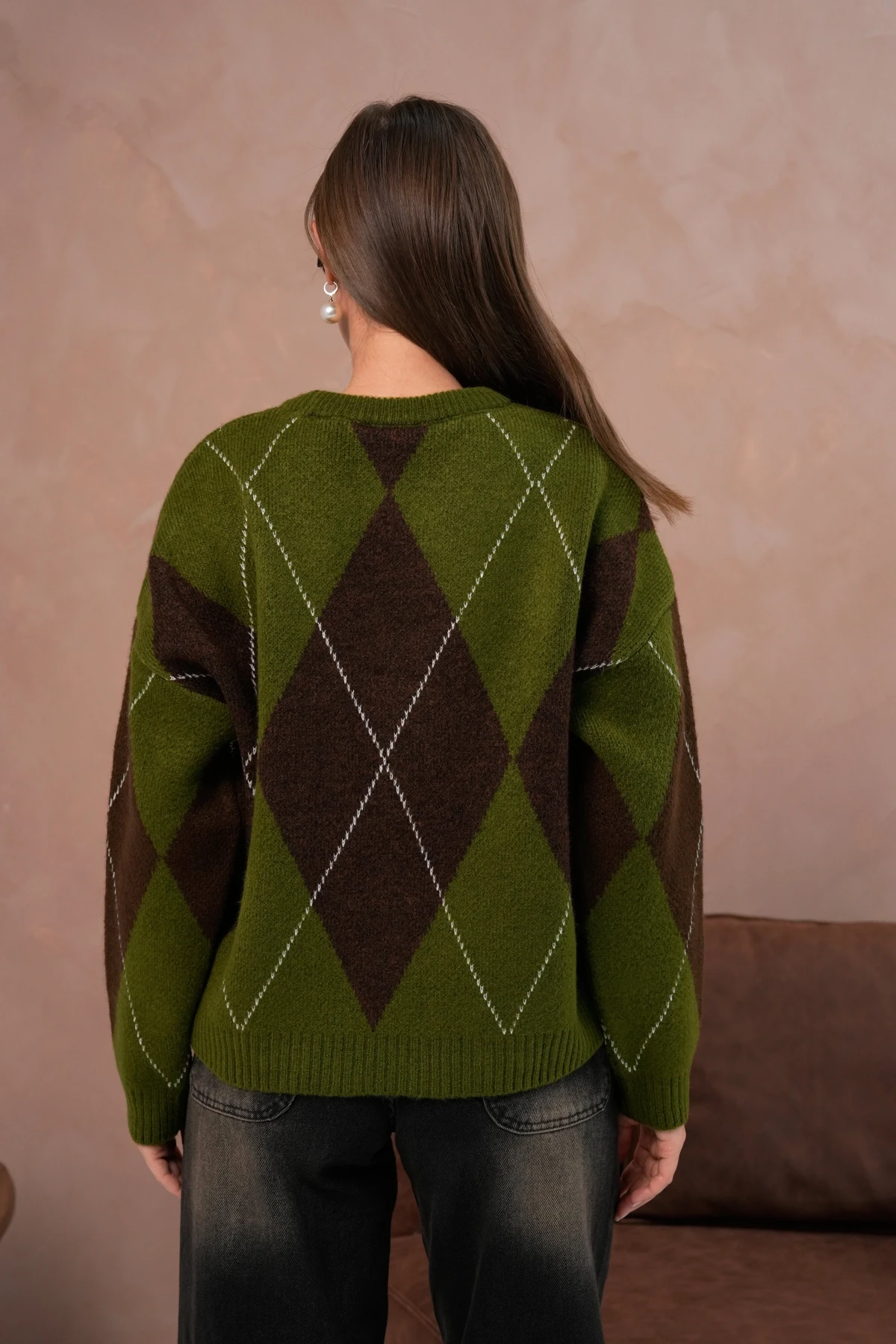 Kadın Bisiklet Yaka Baklava Desenli Triko Kazak 8490Sw