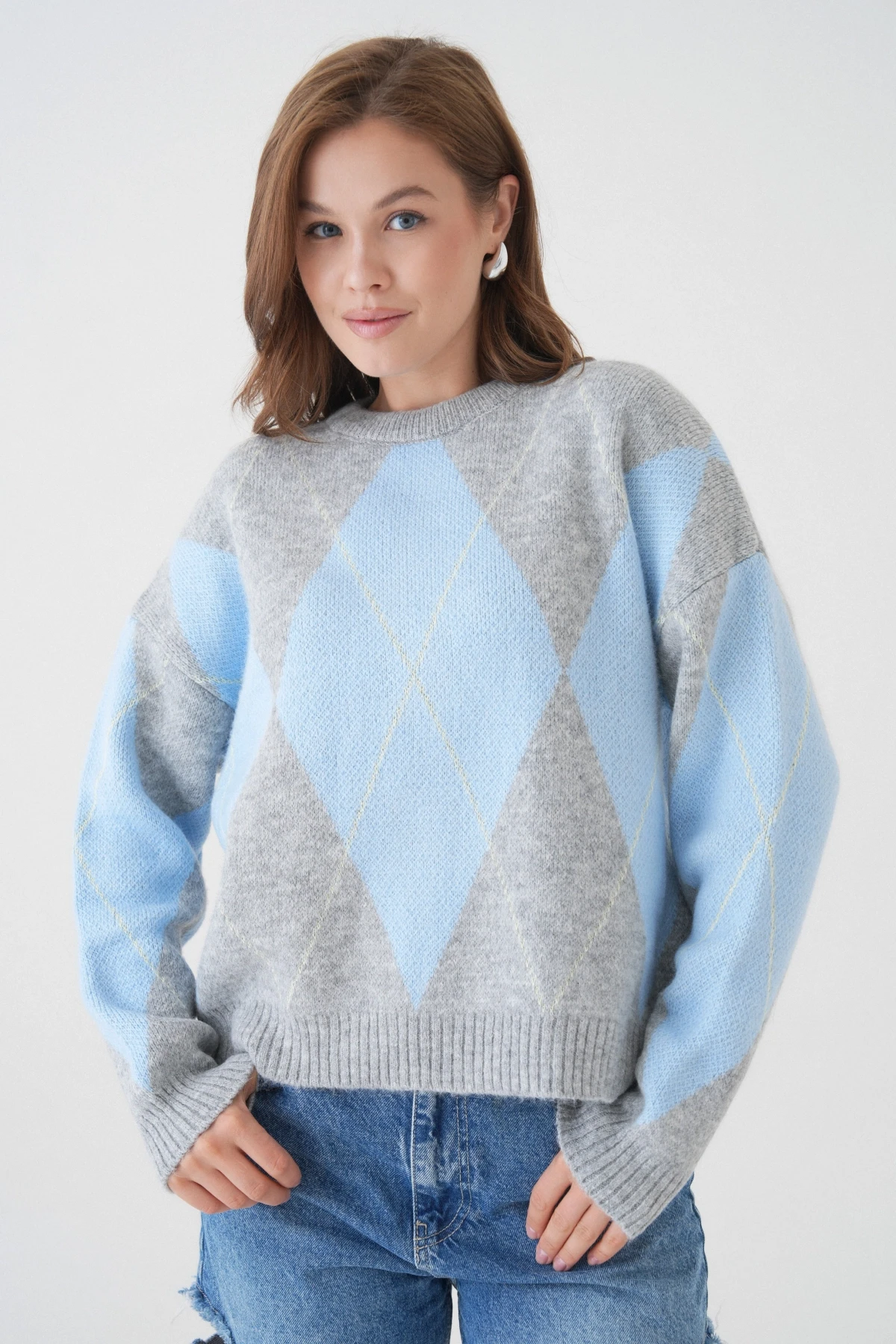 Kadın Bisiklet Yaka Baklava Desenli Triko Kazak 8490Sw