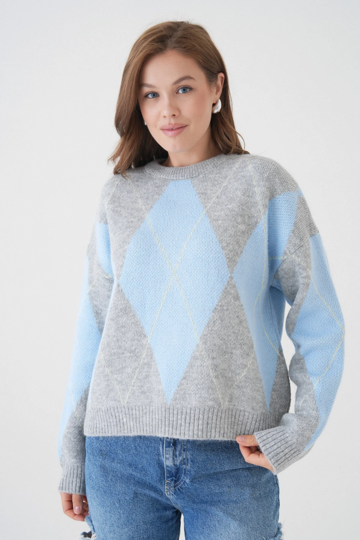 Kadın Bisiklet Yaka Baklava Desenli Triko Kazak 8490Sw