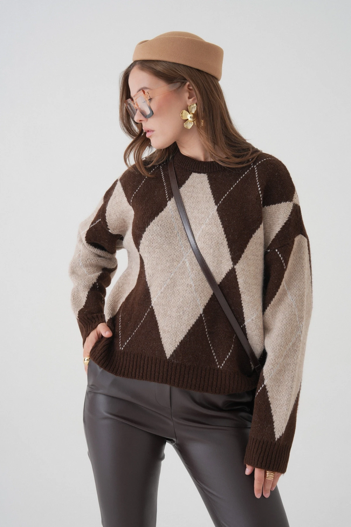 Kadın Bisiklet Yaka Baklava Desenli Triko Kazak 8490Sw