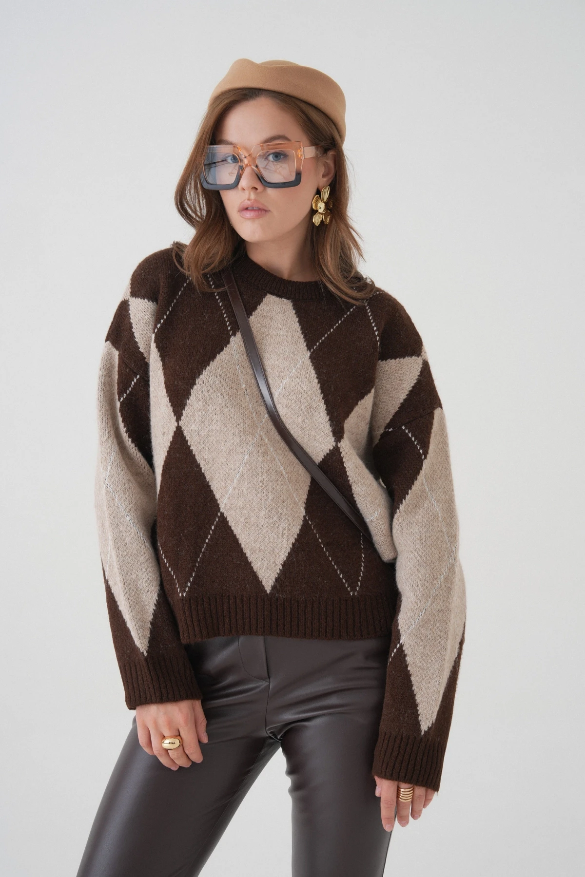 Kadın Bisiklet Yaka Baklava Desenli Triko Kazak 8490Sw